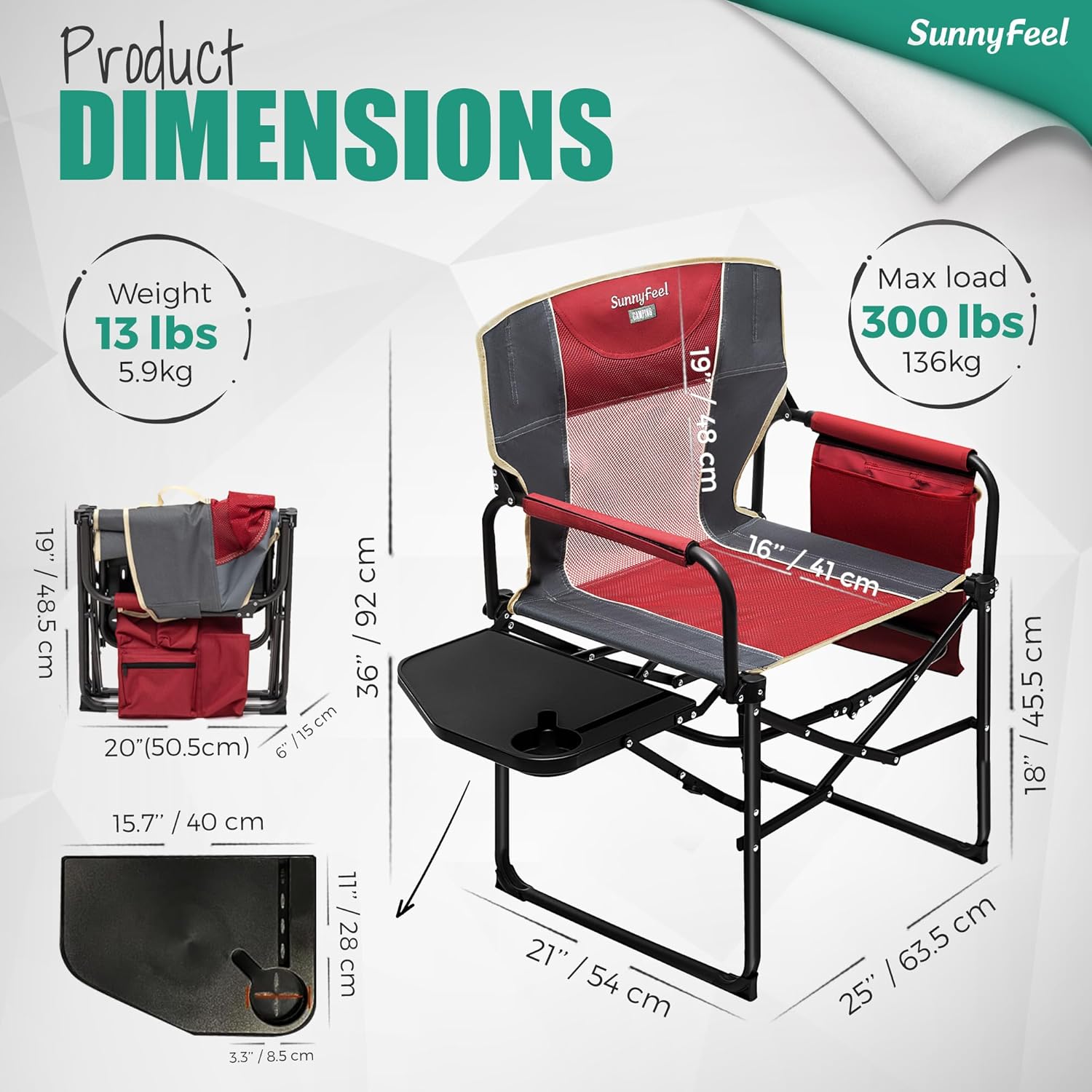 Detalle de SUNNYFEEL Camping Director Chair with Side Table — Heavy-Duty Foldable Chair for Outdoors