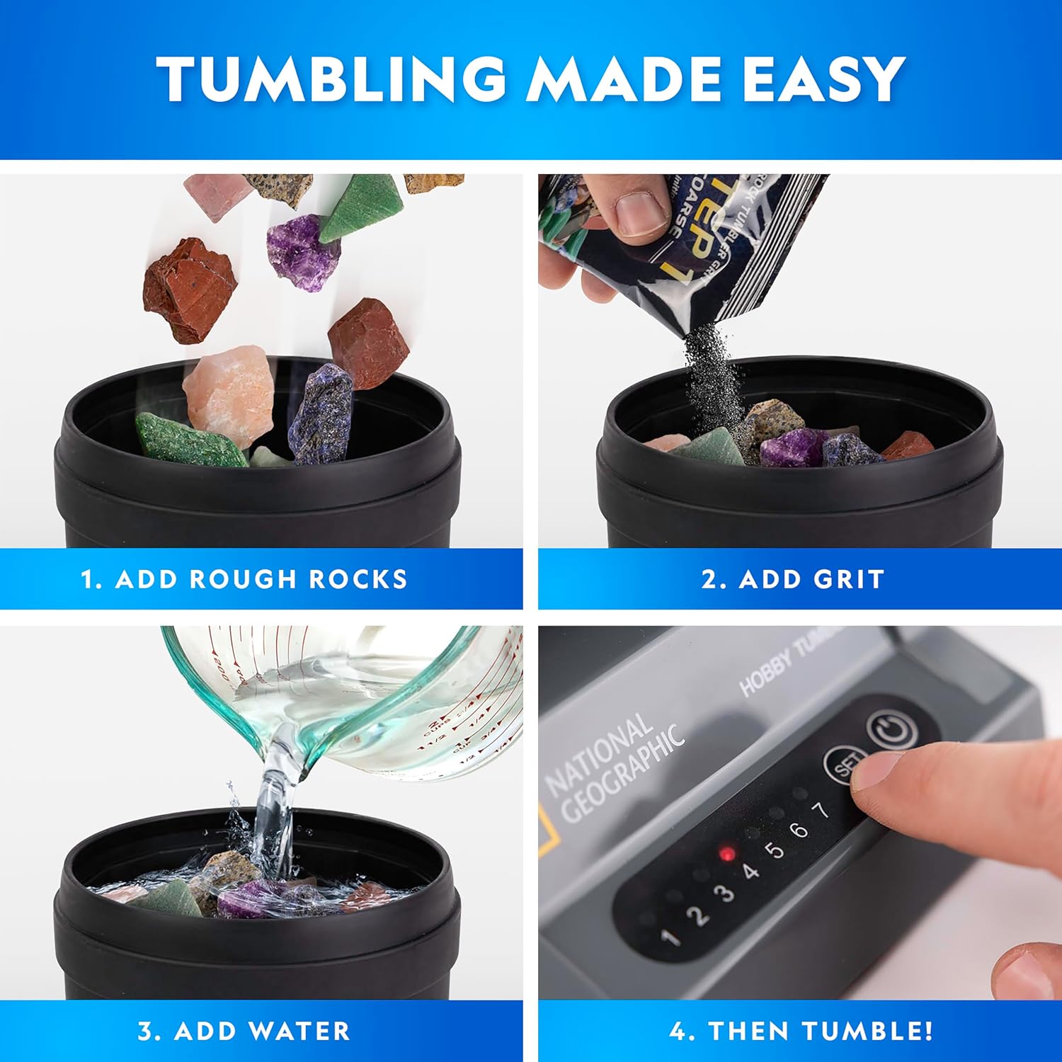 Detalle 2 de NATIONAL GEOGRAPHIC Hobby Rock Tumbler Kit – Rock Polisher for Kids & Adults