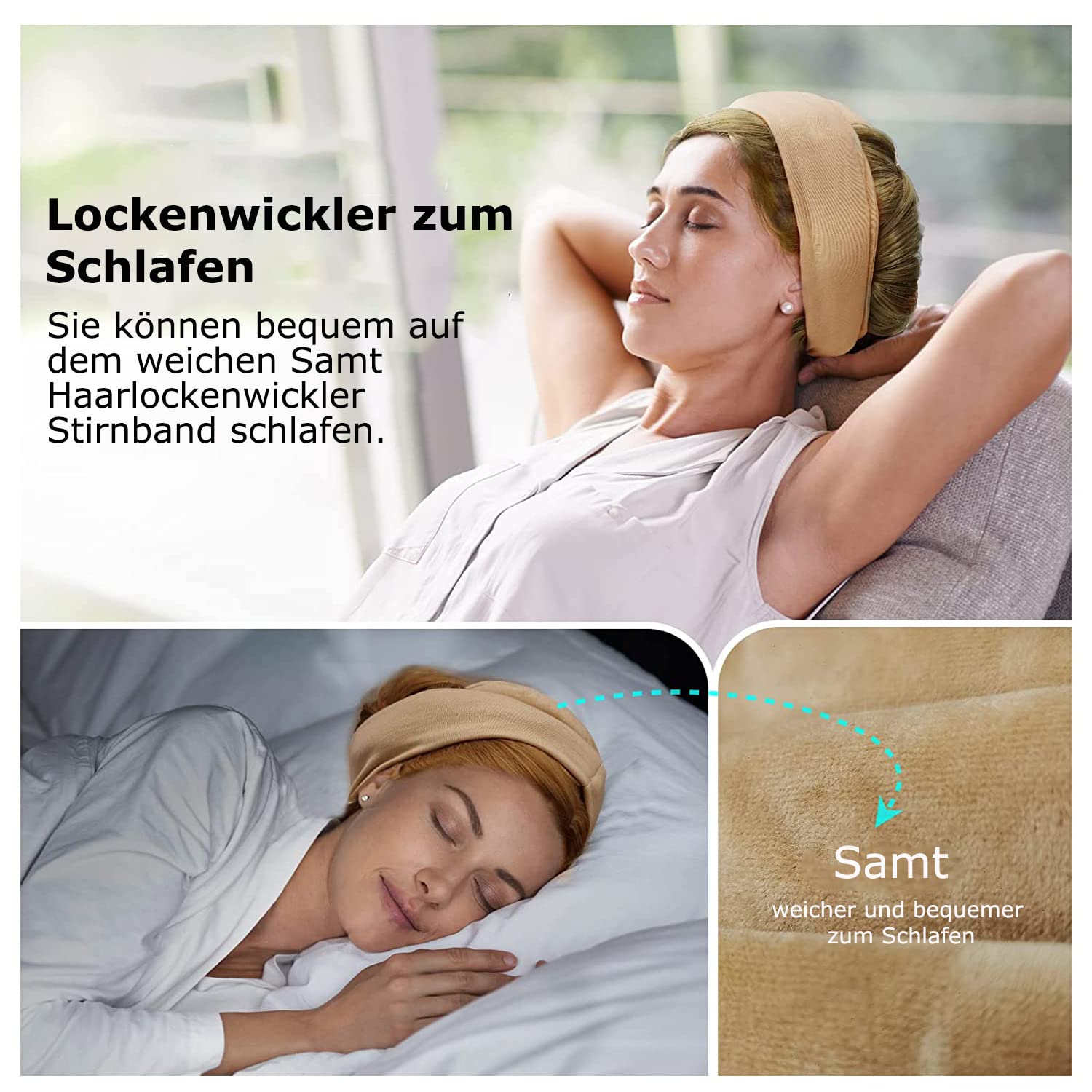 Detalle 2 de Heatless Lockenwickler-Set „Lockenwickler Ohne Hitze“ mit Stirnband (Khaki) für langes mittleres Haar