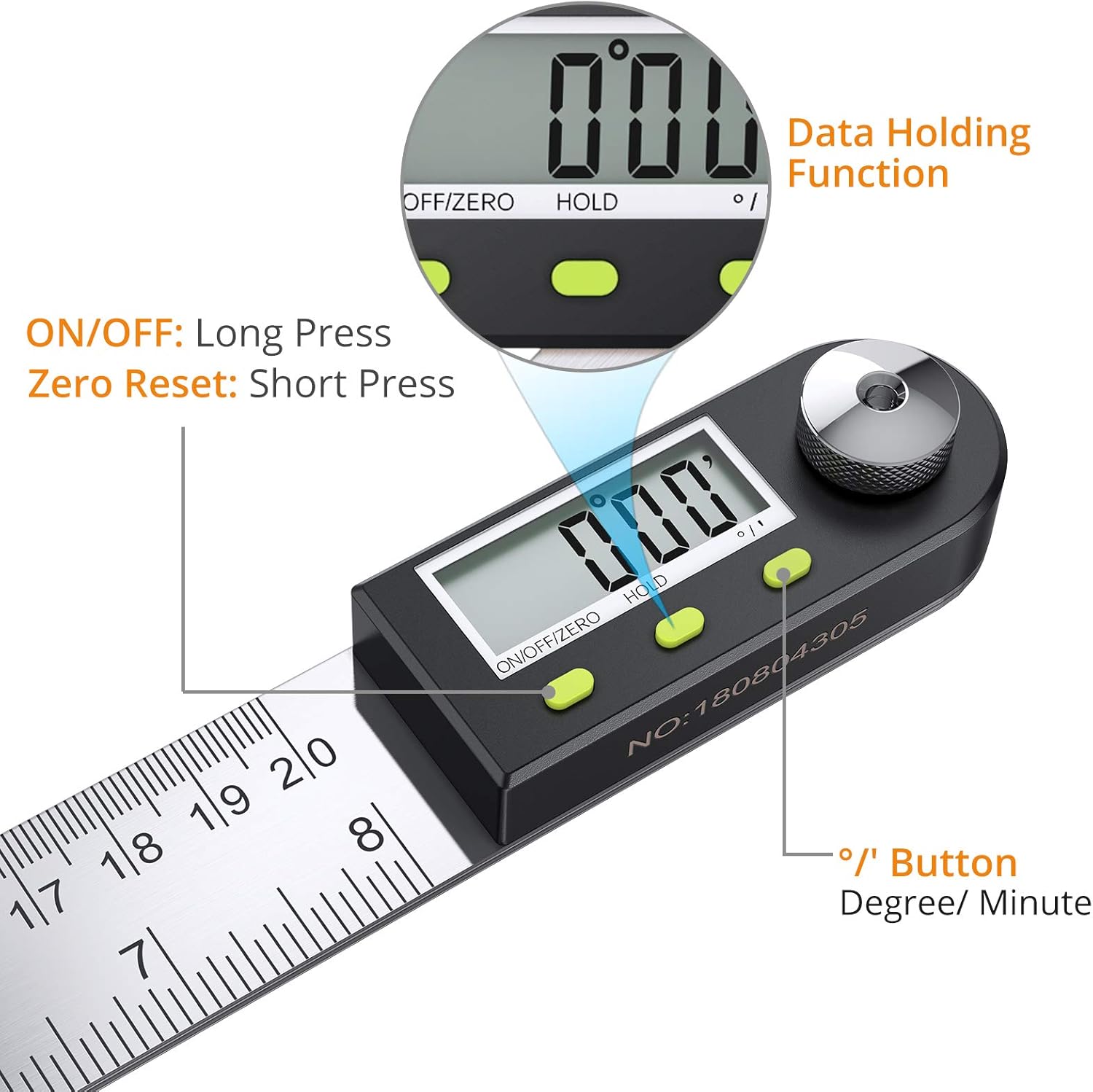 Detalle 2 de Neoteck 8 inch Digital Angle Finder Ruler – Stainless Steel Inclinometer with Data Hold
