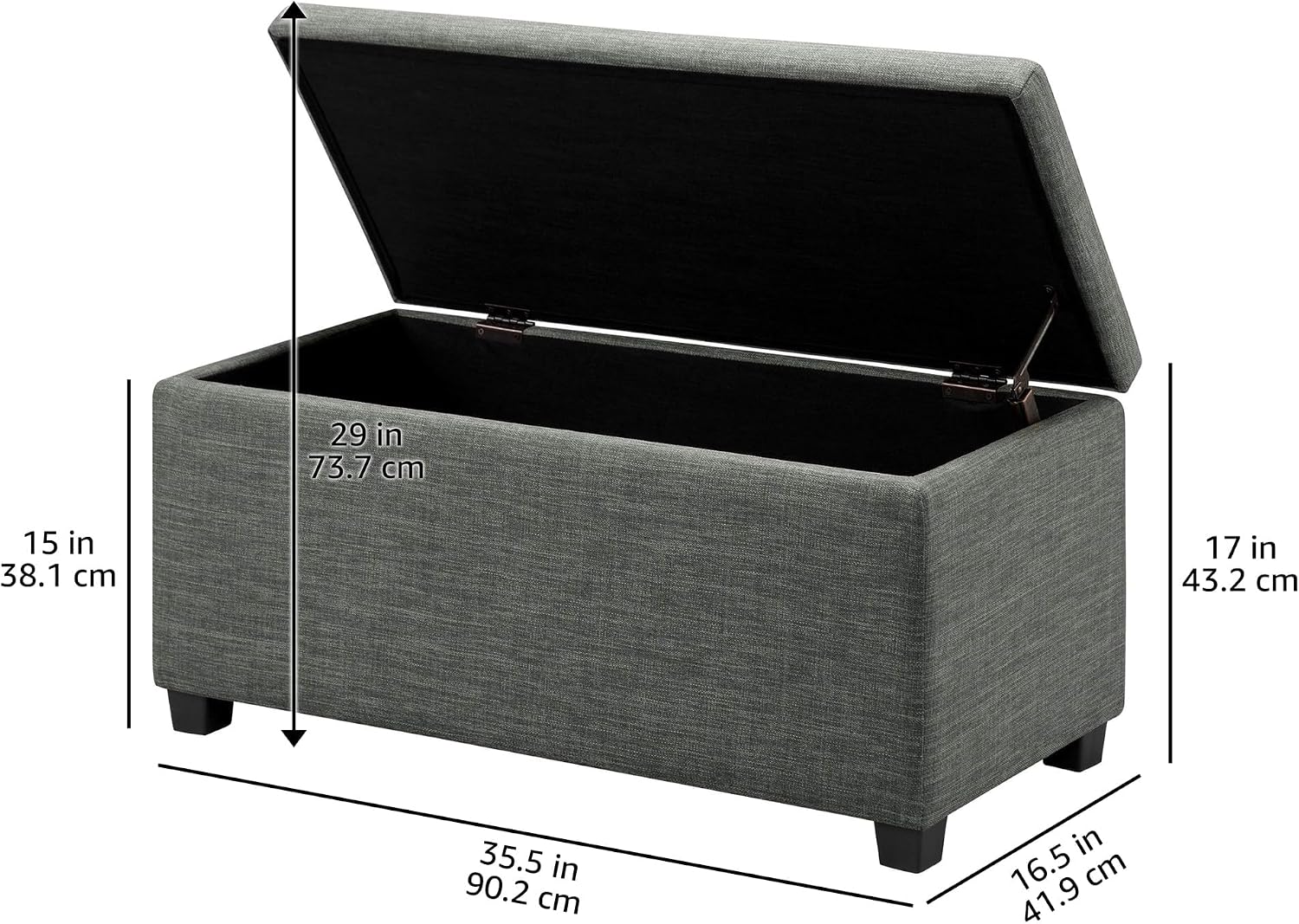 Detalle de Amazon Basics Bank für den Eingangsbereich – rechteckig, gepolstert mit Stauraum, 42 x 90 x 43 cm, Flur/Schlafzimmer in Dunkelgrau