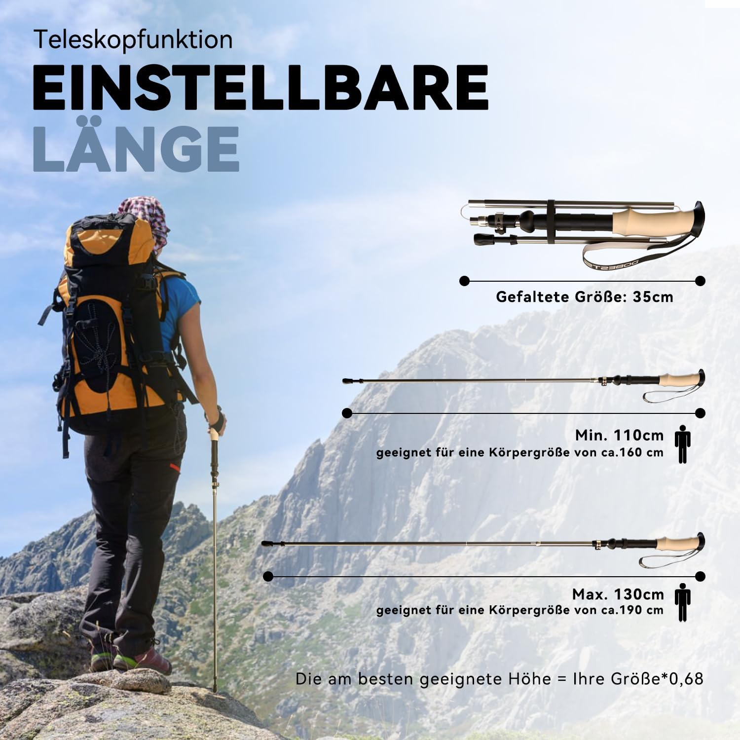 Thumbnail 2 de DOBESTS Wanderstöcke – faltbare Aluminium-Nordic-Walking-Stöcke, 110–130 cm, 300 g, inklusive Gummipuffer und Tragetasche