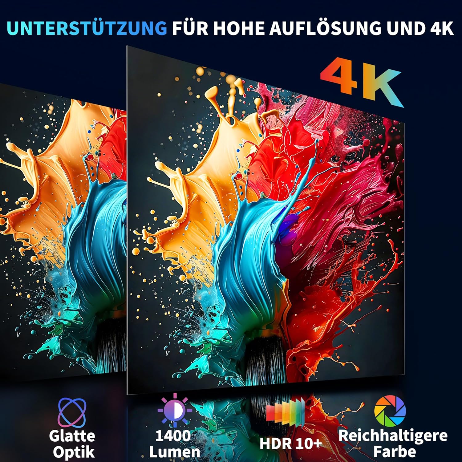 Detalle de Tragbarer Mini-Beamer mit WiFi 6 & Bluetooth 5.4, 1080p/„4K“ Decoding und Android TV – kompakt für Zuhause & unterwegs (schwarz)