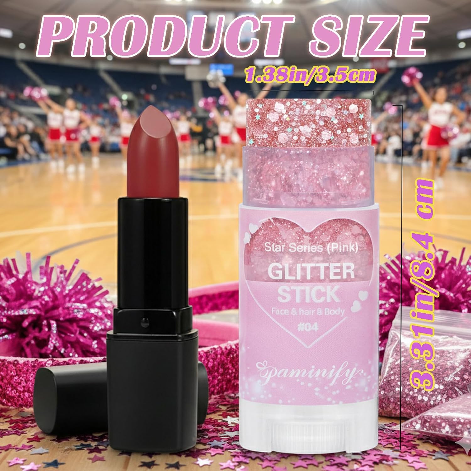 Detalle 1 de paminify Pink Glitter Stick for Hair, Face, and Body, Waterproof Hexagonal Sparkle