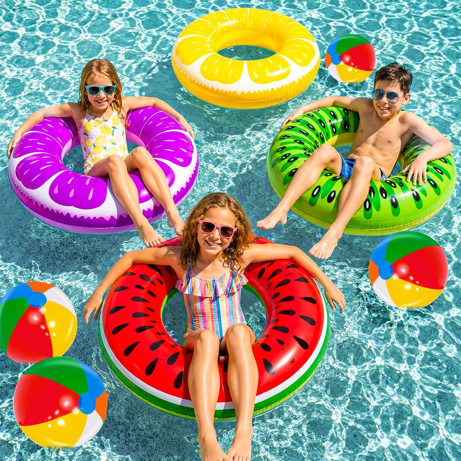 Detalle 2 de 8 Pack Inflatable Pool Floats with Fruit Shapes and Rainbow Beach Balls