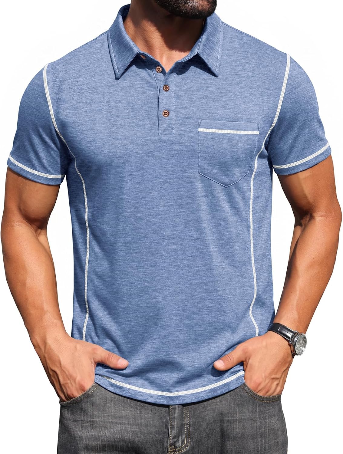 Thumbnail 6 de Volemo Men’s Short Sleeve Polo Shirt with Pocket – Casual Summer Smart Polo Tee