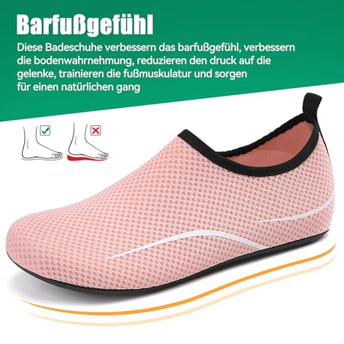 Detalle de RUOMU Badeschuhe Damen – Wasserschuhe Schnell Trocknend, rutschfest, Barfußgefühl, Rosa 38 EU