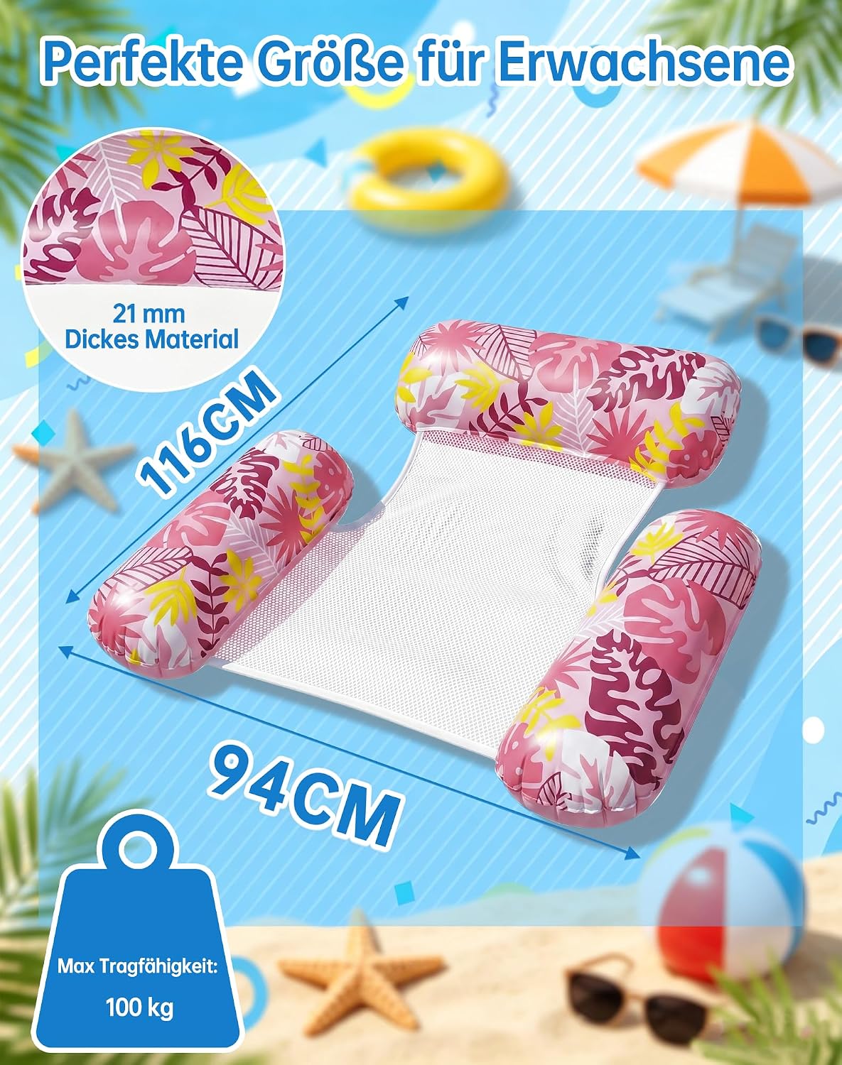Detalle 2 de Wincany Luftmatratze Pool mit Kippsicherem 3-Röhren-Design – 4-in-1 Aufblasbare Schwimmliege für Sommer, Strand und Urlaub