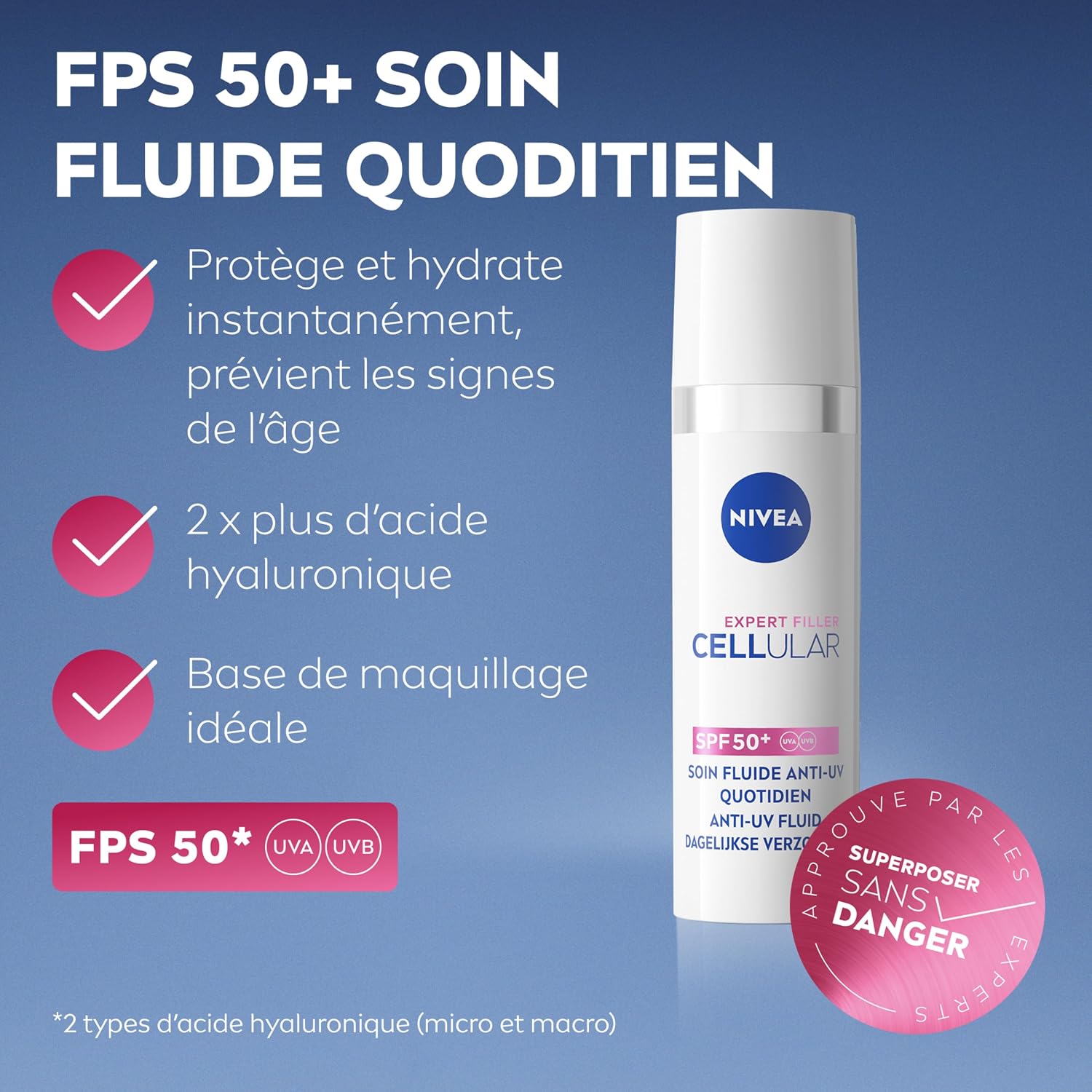 Detalle 2 de NIVEA Cellular Expert Filler Soin fluide anti-UV SPF50+ visage (30 ml) – hydratation à l’acide hyaluronique