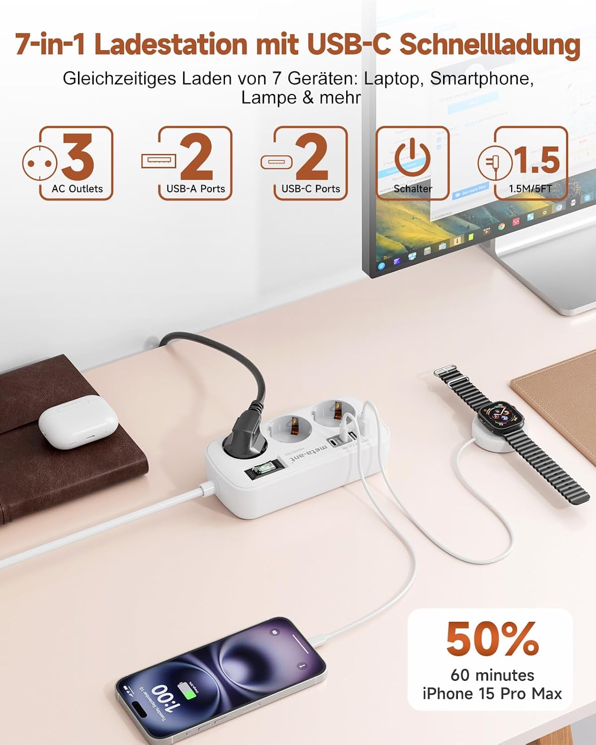 Detalle de Steckdosenleiste mit USB 3.4A (17W) – 3 Steckdosen, 4 USB-Anschlüsse (2x USB-C) | 1,5 m Kabel, Überspannungsschutz 750J, Wandmontage, Weiß