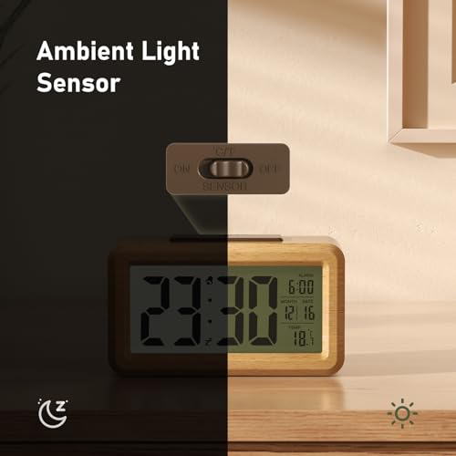 Detalle de Reloj despertador digital de madera HERMIC con pantalla LCD grande y funciones inteligentes