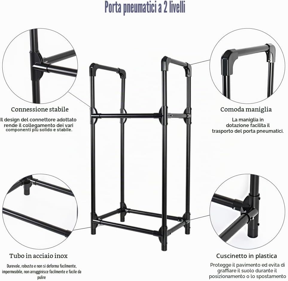Detalle de BAOYOUNI Supporto per 4 pneumatici o cerchioni – scaffale a 2 livelli in acciaio, 57,2 × 37,3 × 114,6 cm, nero