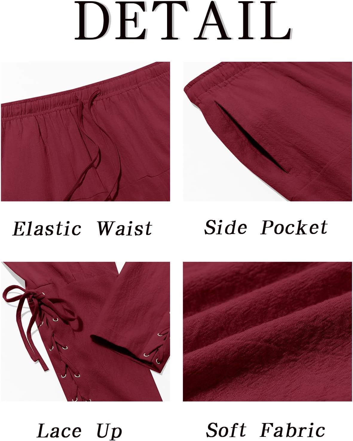 Detalle 1 de Runcati G6R963 Men’s Medieval Costume Pants, Cotton with Lace-Up Cuffs