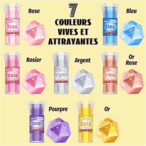 Detalle de Fidton Paillettes alimentaires comestibles, 7 couleurs vives, 3 g chacune