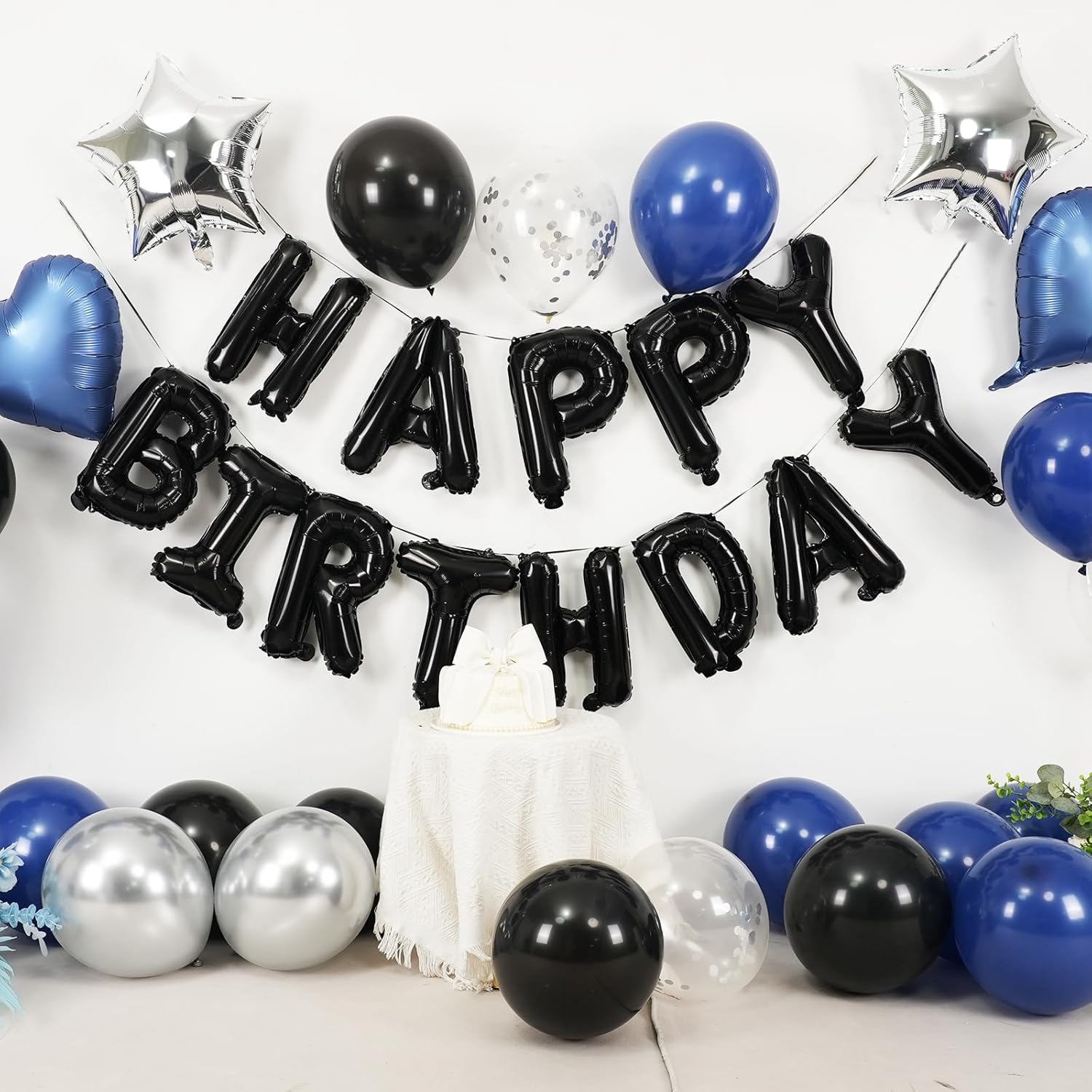 Thumbnail 3 de Navy Blue & Black “Happy Birthday” Balloon Decoration Set with Silver Confetti Balloons