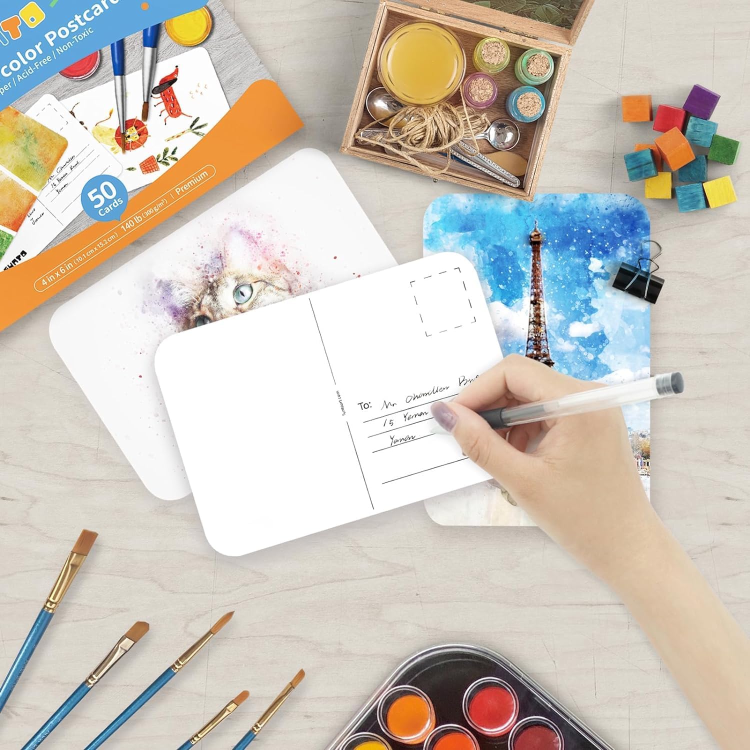 Detalle de Funto Blanko-Aquarellpapier-Postkarten, 50 Karten, A6 – säurefreies 300 g/m² Kunstpapier mit abgerundeten Ecken