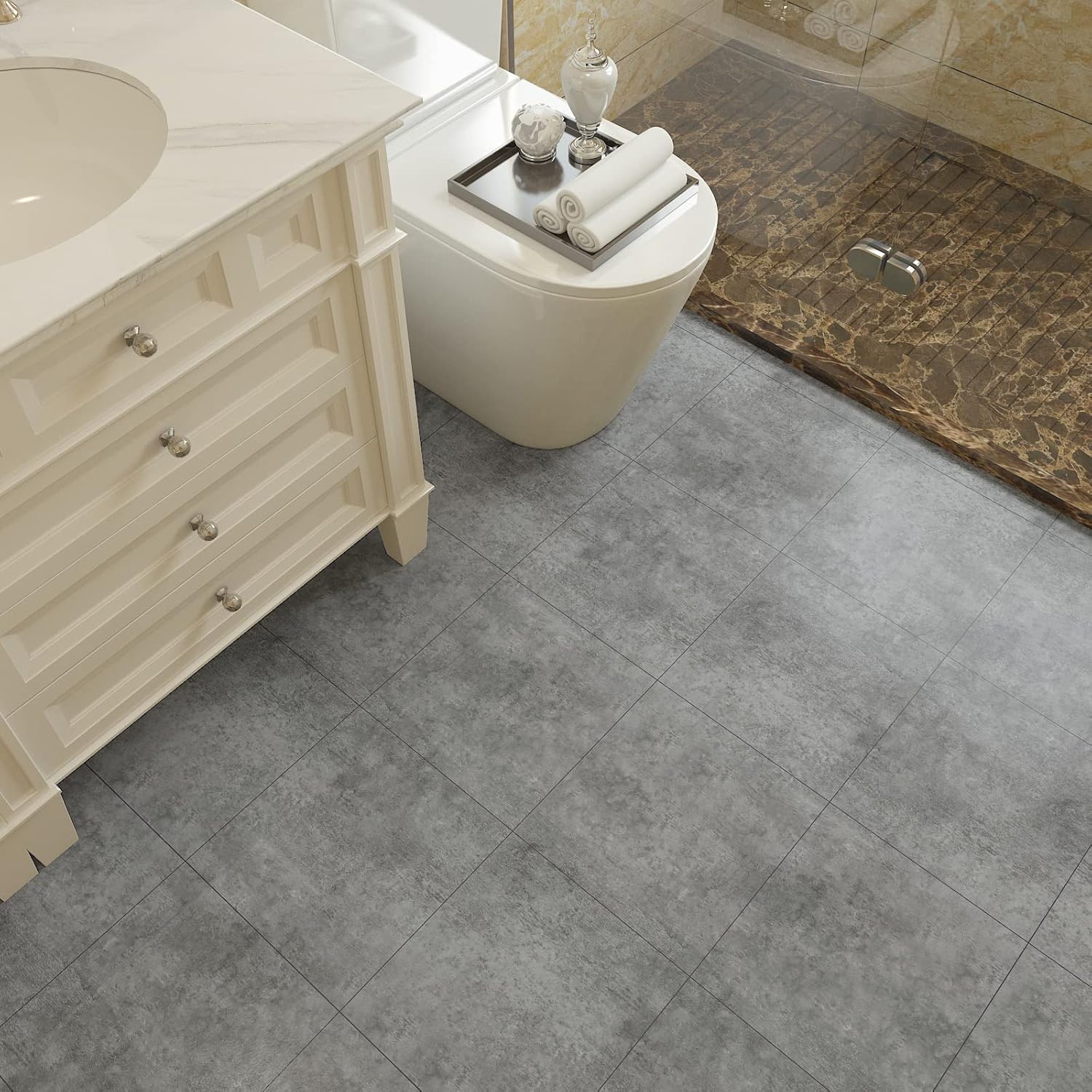 Thumbnail 4 de VEELIKE Self-Adhesive Floor Tiles: Concrete Effect Vintage Grey 30x30cm (24 Tiles)