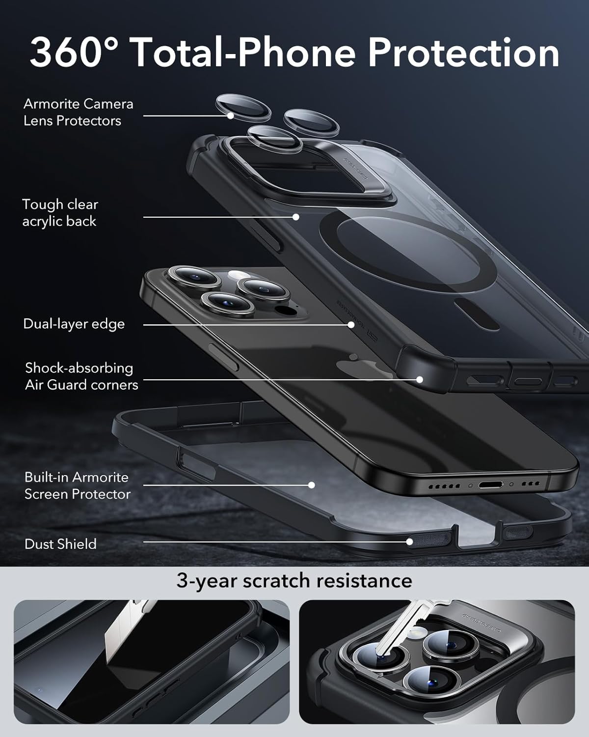 Thumbnail 4 de ESR Armor Series iPhone 14 Pro Max Case with Stand + Built-In Tempered Glass Screen Protector (MagSafe Compatible) — Clear Black