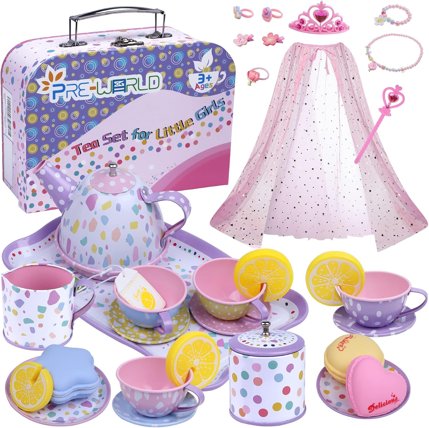Detalle de Tea Party Set for Little Girls (36-Piece Princess Pretend Play Set) with Dress-Up Accessories