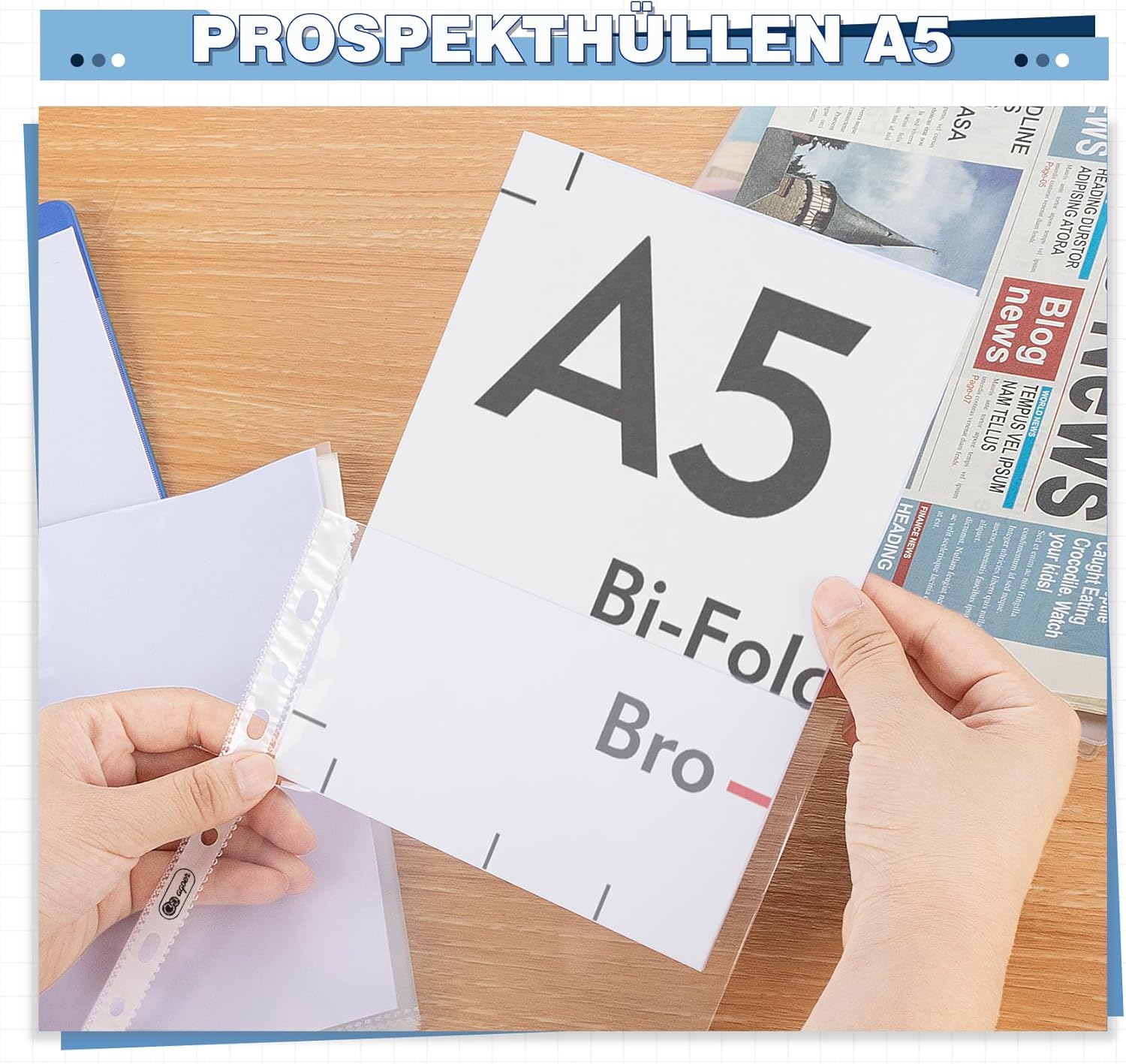 Detalle de 50 Stück Prospekthüllen A5 Extra Stark – Klarsichthüllen aus PP, 0,16 mm, 7 Loch für Ordner