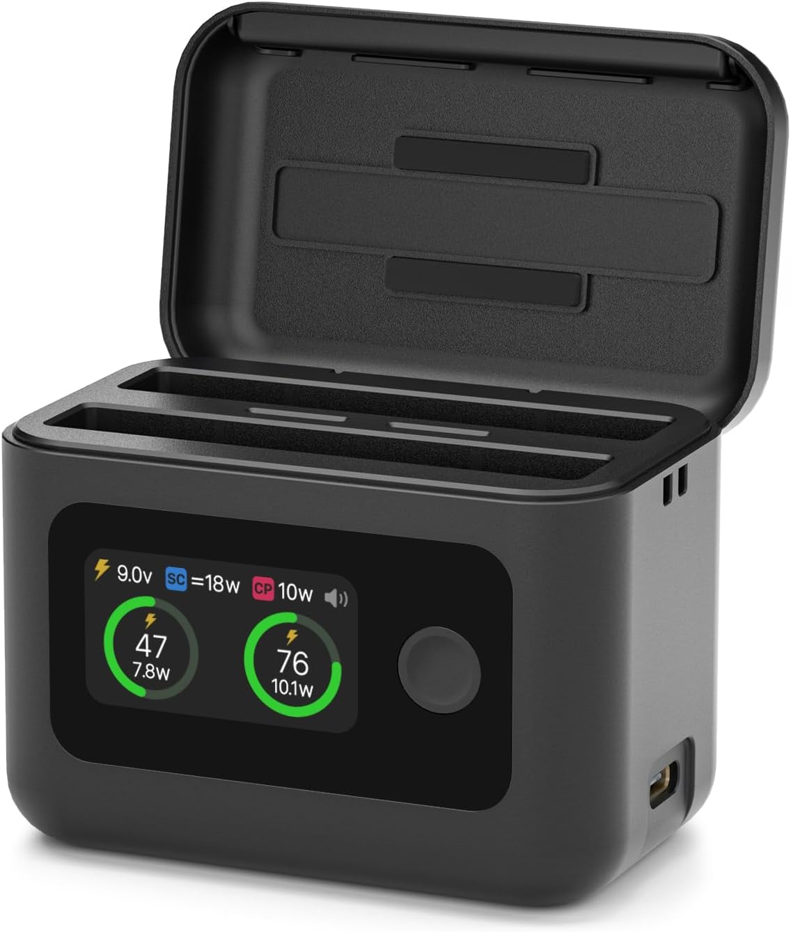Detalle de SYMIK Battery Charger for Insta360 X5: 27W Dual Channel Fast Charge Case with LCD and Intelligent Features