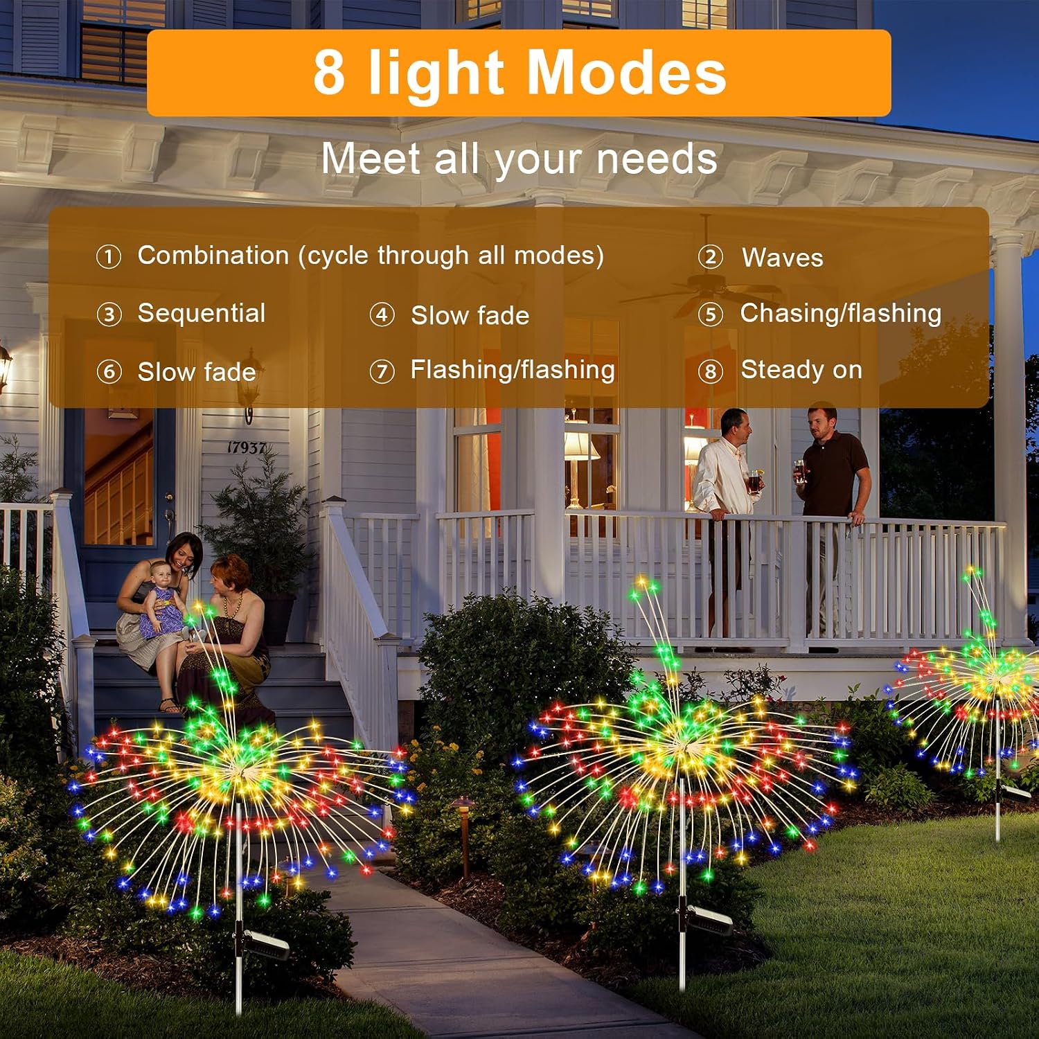 Detalle de Solar Lights Outdoor Garden Solar Firework Starburst Stake Lights (120 LEDs, 8 Modes) – 4 Packs, Warm White