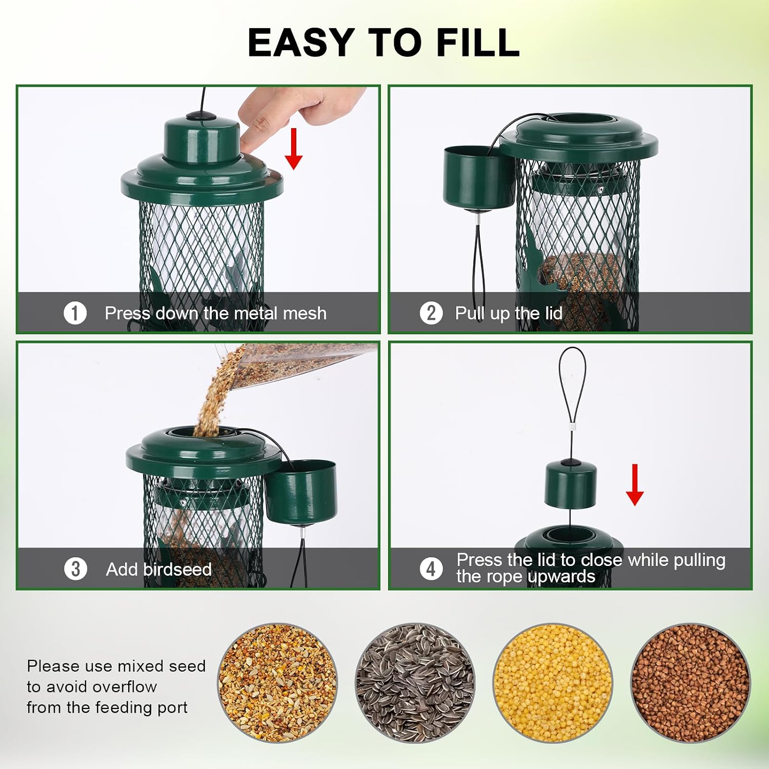 Detalle 1 de Gbekery LY-YXSY-13IN-1 Metal Hanging Bird Feeder, 4 Ports, Green