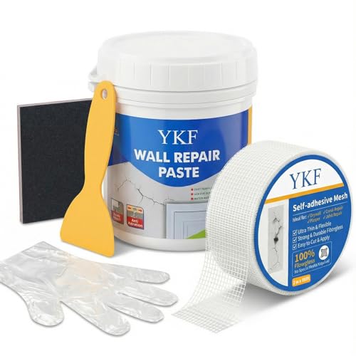 YKF Wall Repair Kit 500g: Quick-Drying White Wall Filler with Scraper, Sandpaper & Mesh Patch