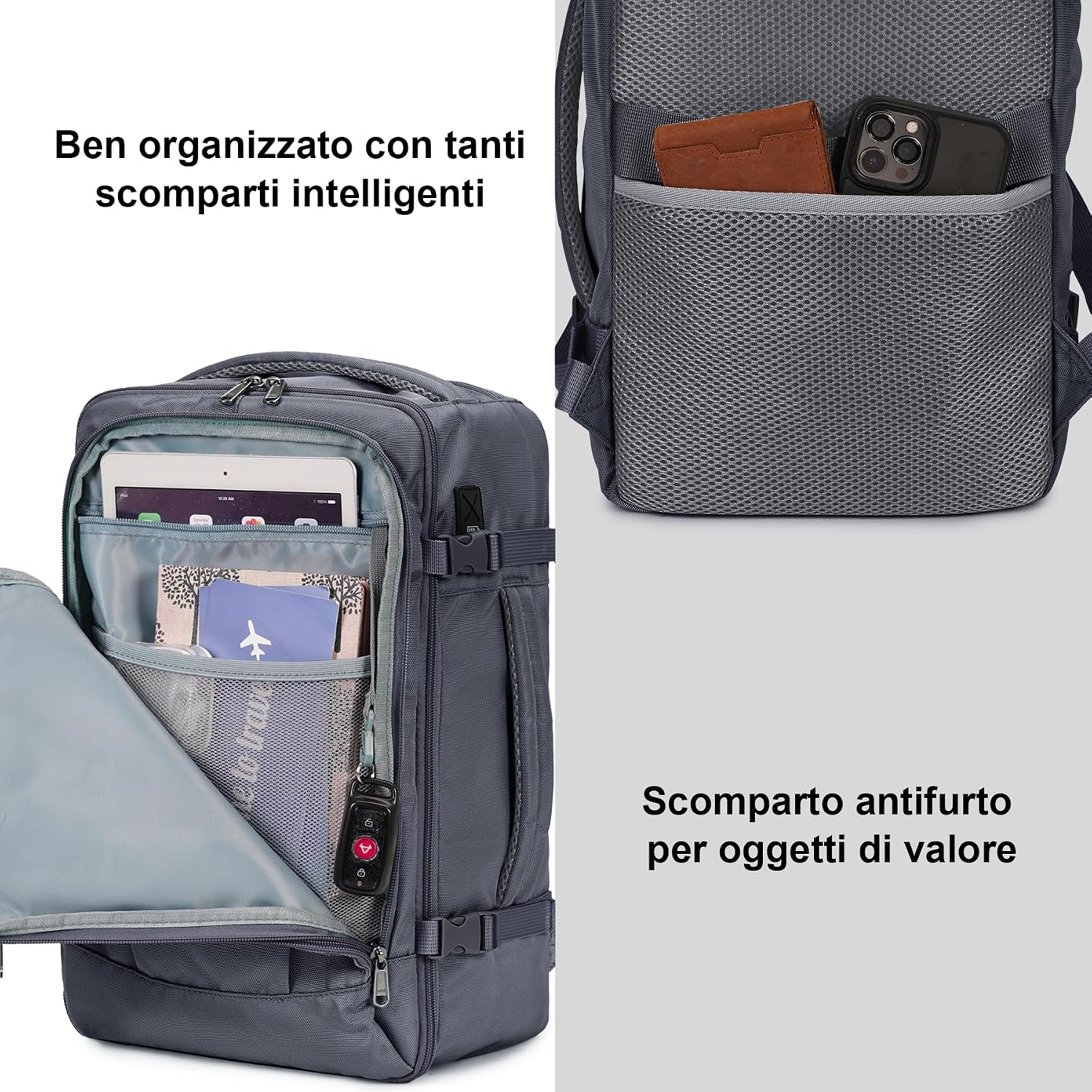 Detalle 2 de ECOHUB Zaino Ryanair 40x20x25 20L: Zaino da Cabina in PET Riciclato, 13 Tasche, Grigio Azzurro