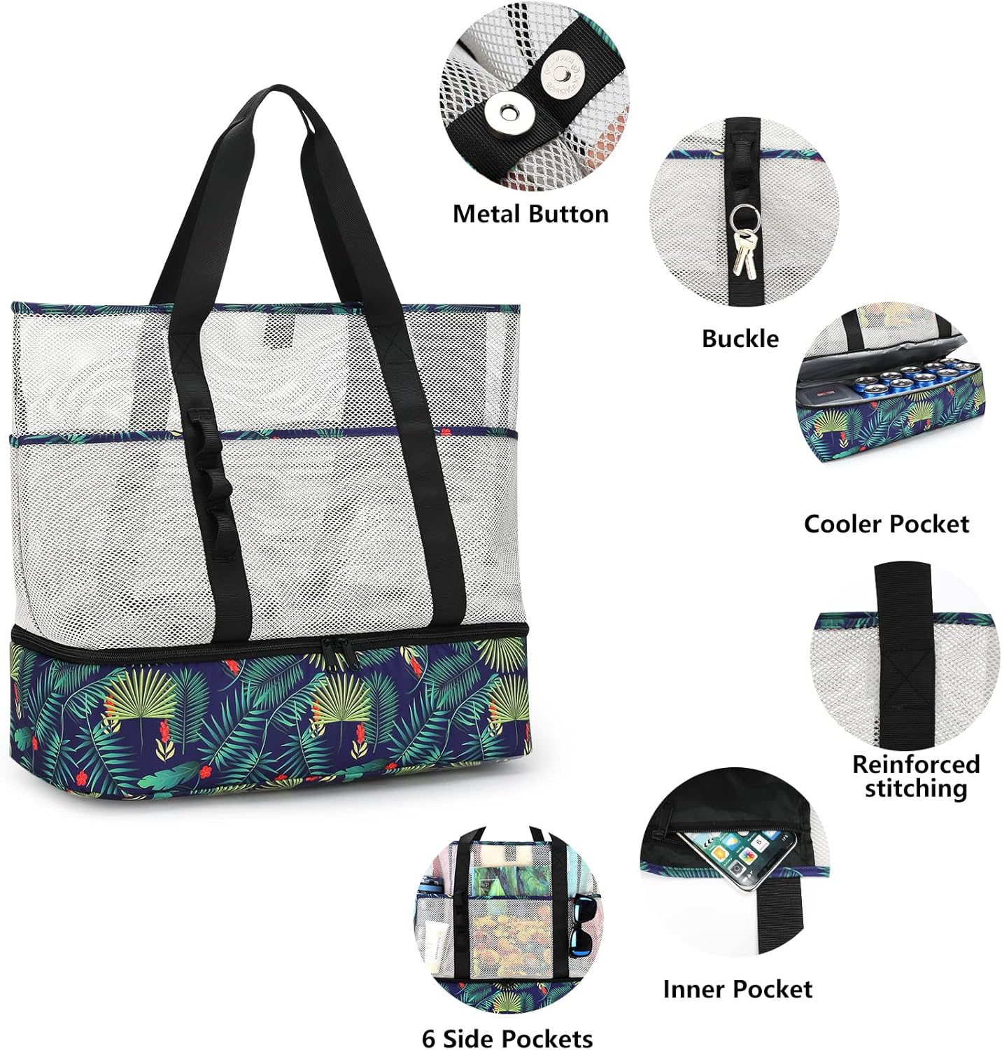 Thumbnail 4 de UYLIA Large Tote Mesh Beach Bag with Cooler – Robust, Foldable & Spacious (8 Pockets) for Beach, Pool and Travel