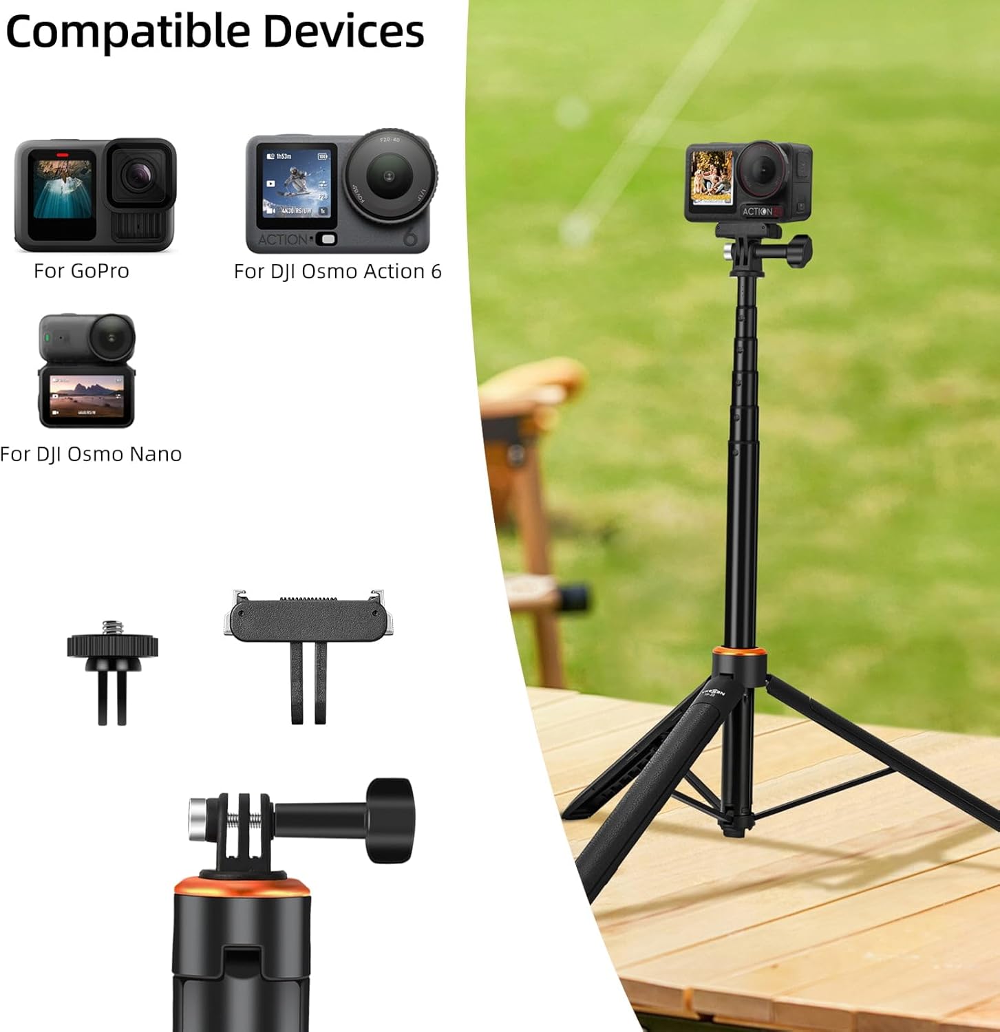 Detalle 2 de 53.5" Selfie Stick Tripod Kit for DJI Osmo Nano/Action 6 – 2-in-1 Extendable Travel Tripod