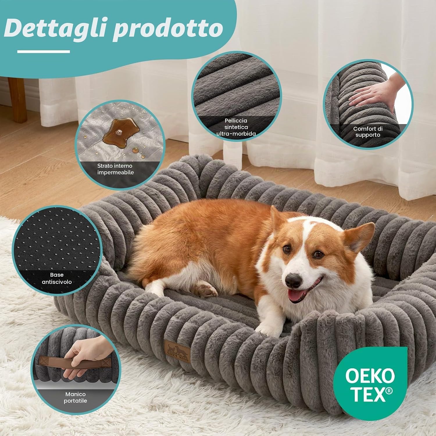 Detalle de COZY KISS Confortabile Divano per Cani e Gatti — Cuccia Ortopedica con Bordo Rialzato e Pelliccia sintetica