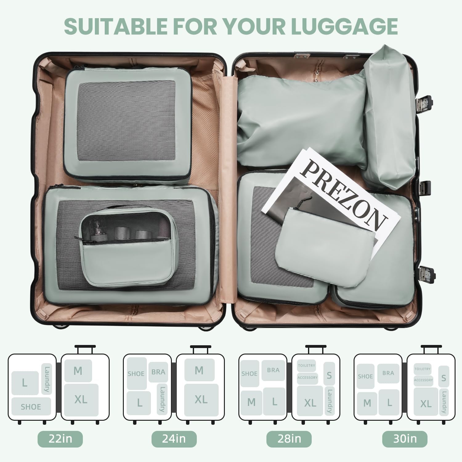 Thumbnail 6 de Prezon 8-Piece Packing Cubes Set for Suitcase — Lightweight Green