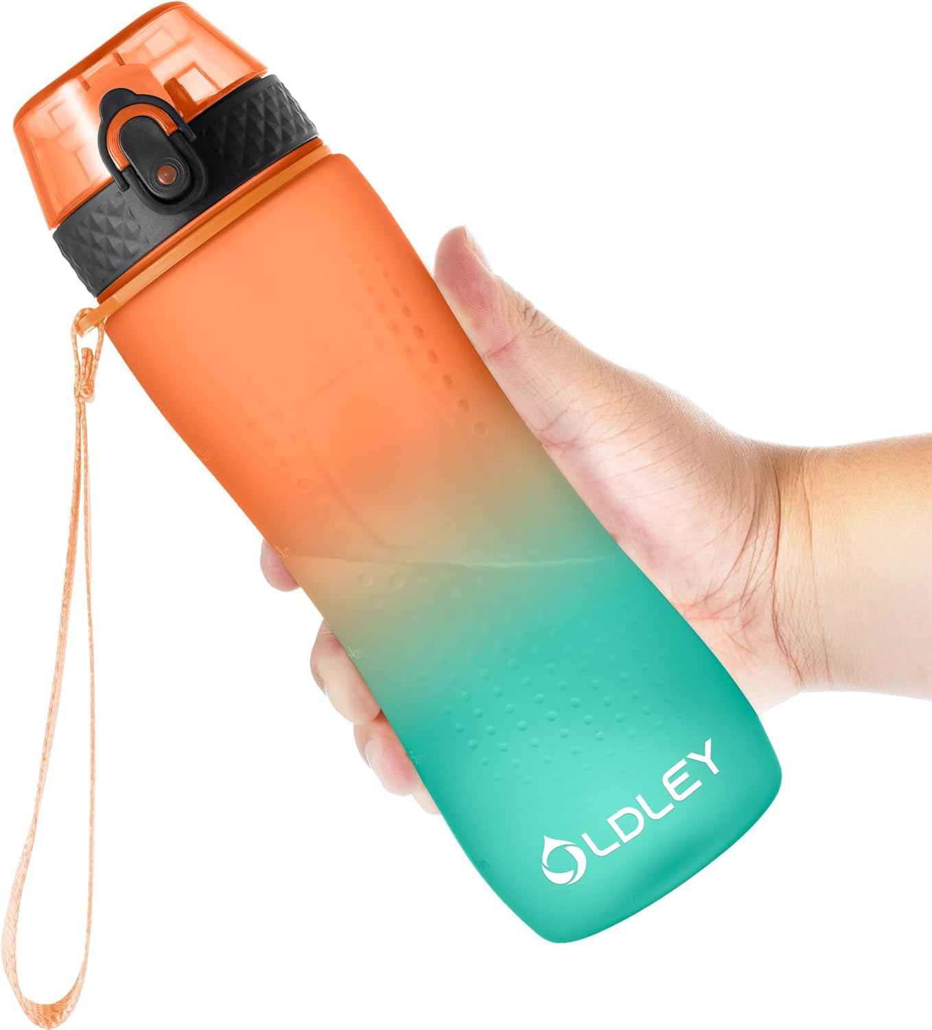 Detalle de OLDLEY 750ml/25oz Leakproof Straw Water Bottle with Time Markings – BPA Free Tritan, 1 Lid (Orange/Green)