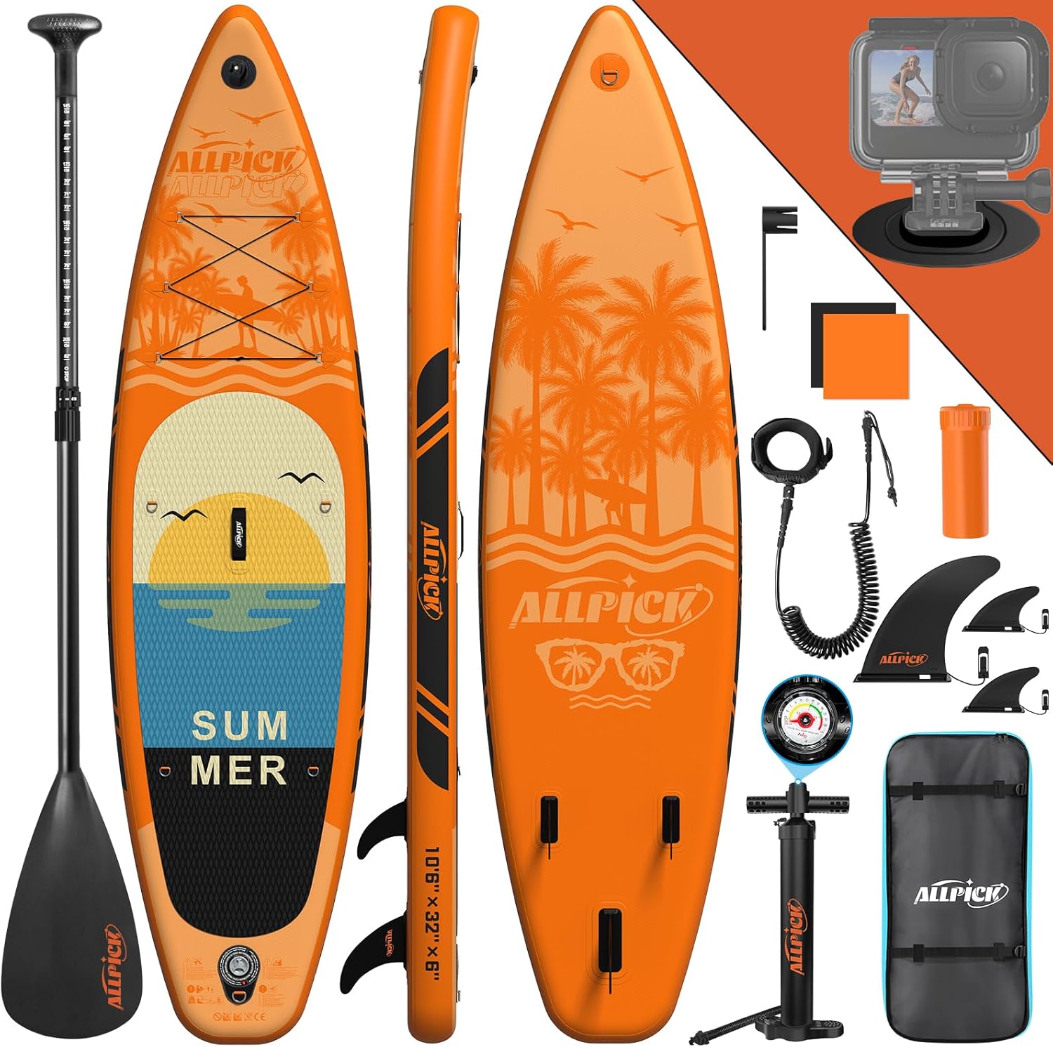 ALLPICK Premium SUP-Board Set (aufblasbar) mit universalem Kamerahalter, 3-teiligem verstellbarem Paddel und Zubehör bis 200 kg