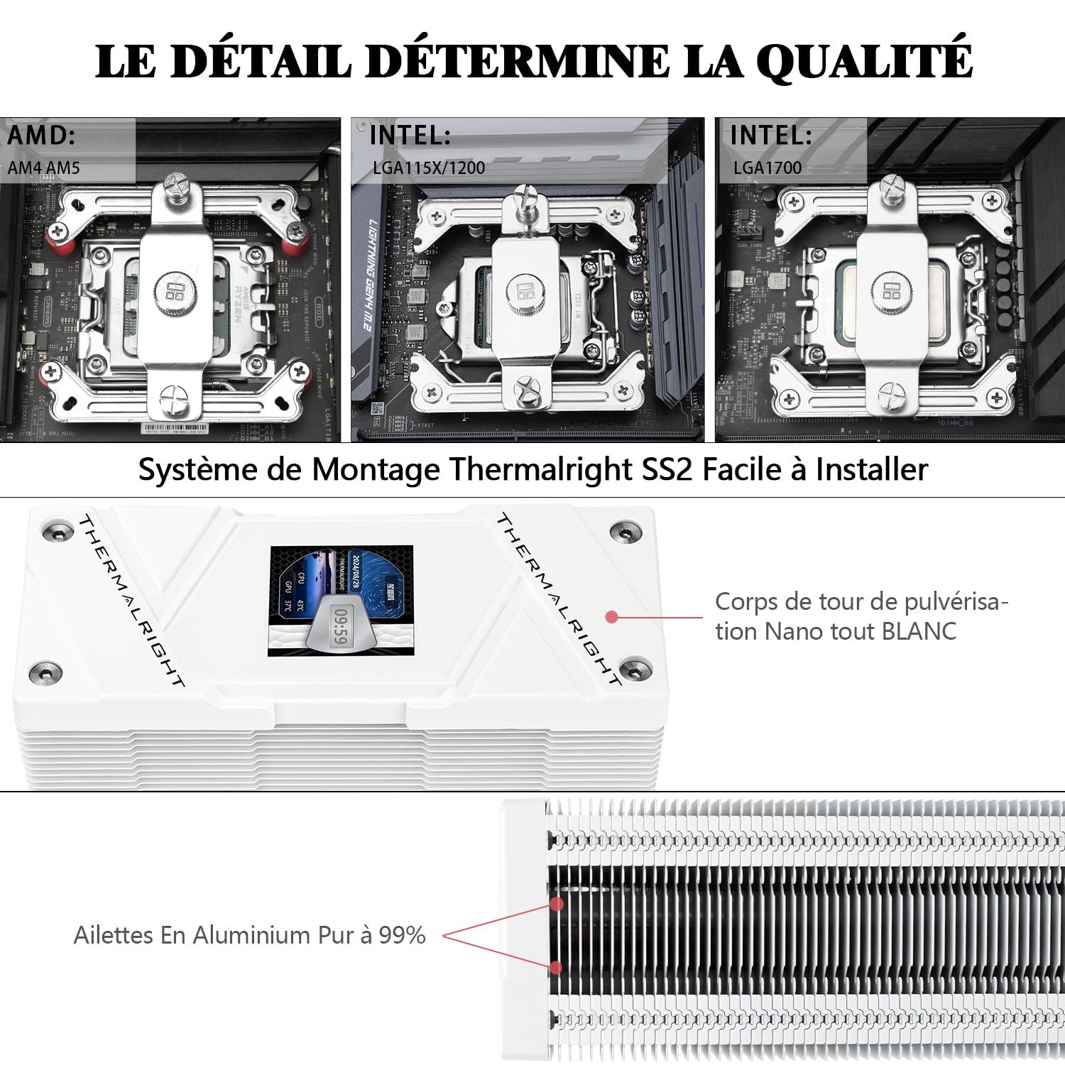 Detalle de TR Assassin Spirit 120 Vision ARGB bianco – CPU Air Cooler con display LCD IPS 1,54” e compatibilità Intel LGA1700/1851, AMD AM4/AM5