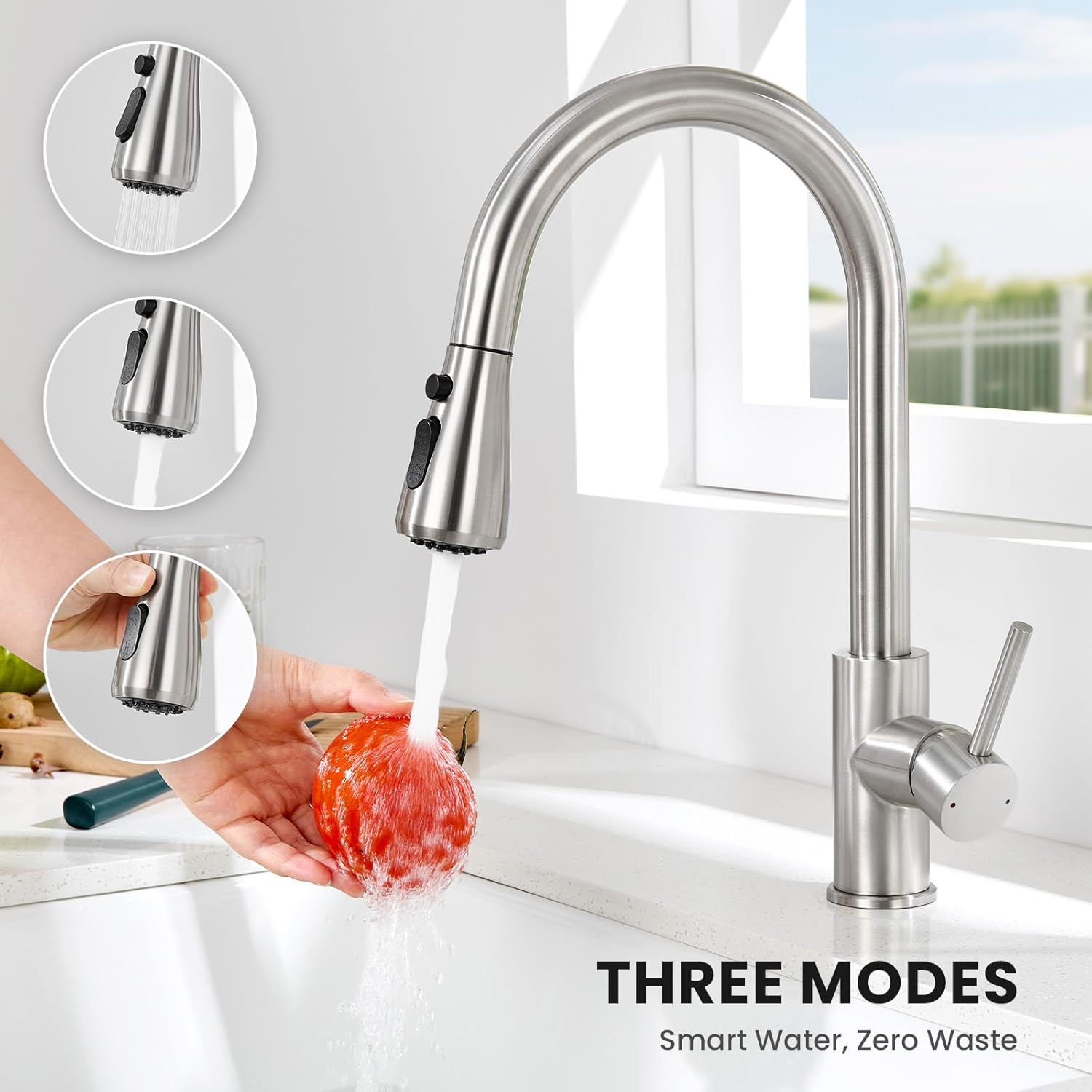 Thumbnail 6 de DERW Kitchen Tap Pull Out Mixer Tap with 3 Spray Modes and 360° Swivel Spout