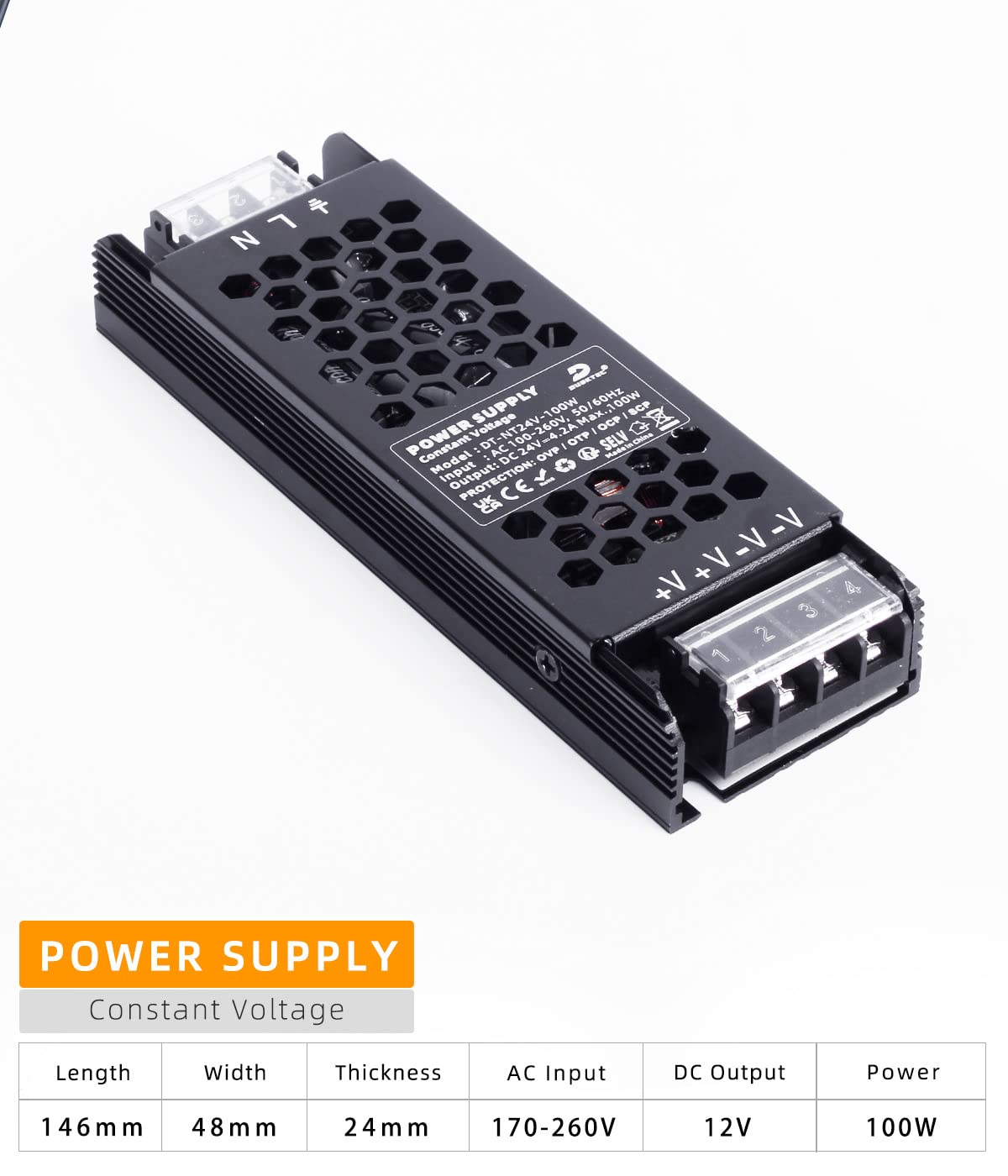 Detalle de DUSKTEC 24V 100W LED Driver Transformer — Slim, Non-Dimmable Constant Voltage Power Supply