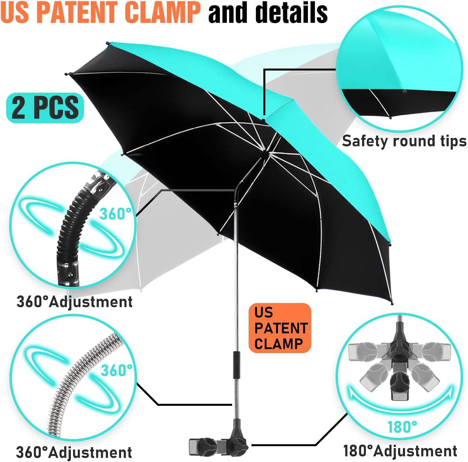 Detalle de NBtoUS 2-Pack Beach Umbrella with Clamp: 360° Adjustable UV Protection for Chairs