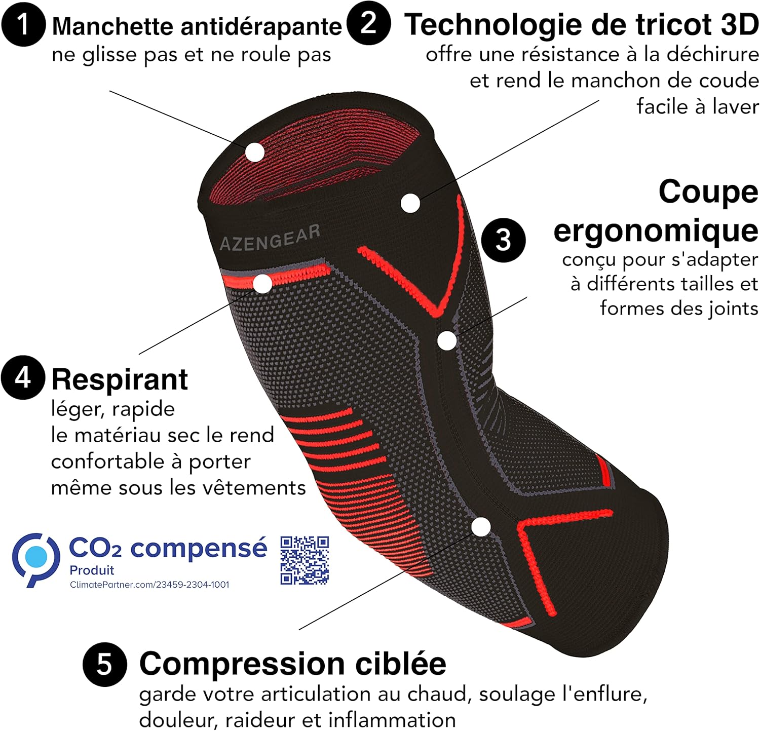 Thumbnail 1 de aZengear Coudière de compression (paire) pour sport et douleurs du coude – modèle respirant et lavable