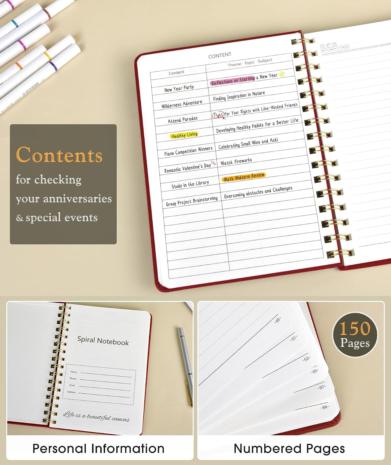 Detalle de PAPEJOON A5 Spiral Journal Notebook, Wine Red, 150 Numbered Pages, 100 GSM Paper