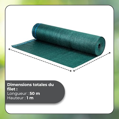 Detalle de SPRINGOS Filet d'ombrage 1 x 50 m + 200 Attaches-câbles – filet HDPE 140 g/m², 90% d'ombrage, vert