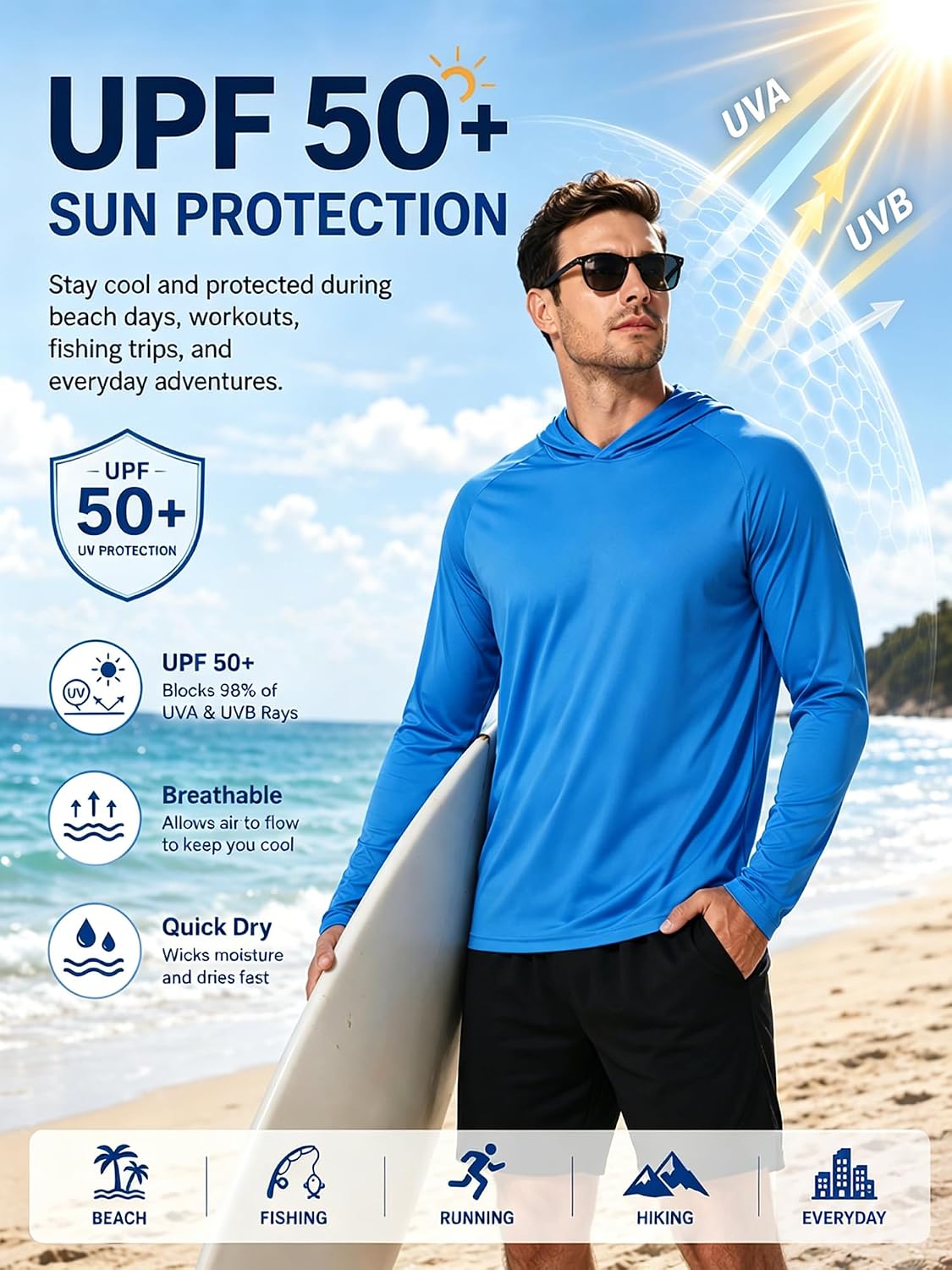 Detalle de ZITY Men's Sun Protection Hoodie Shirt: 3-Pack UPF 50+ Fishing Shirts for All-Day Outdoor Comfort