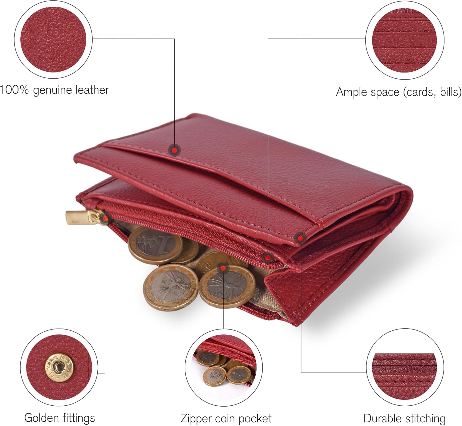 Thumbnail 2 de Oak Leathers women’s leather wallet (Nappa Red) with RFID coin purse & card holder