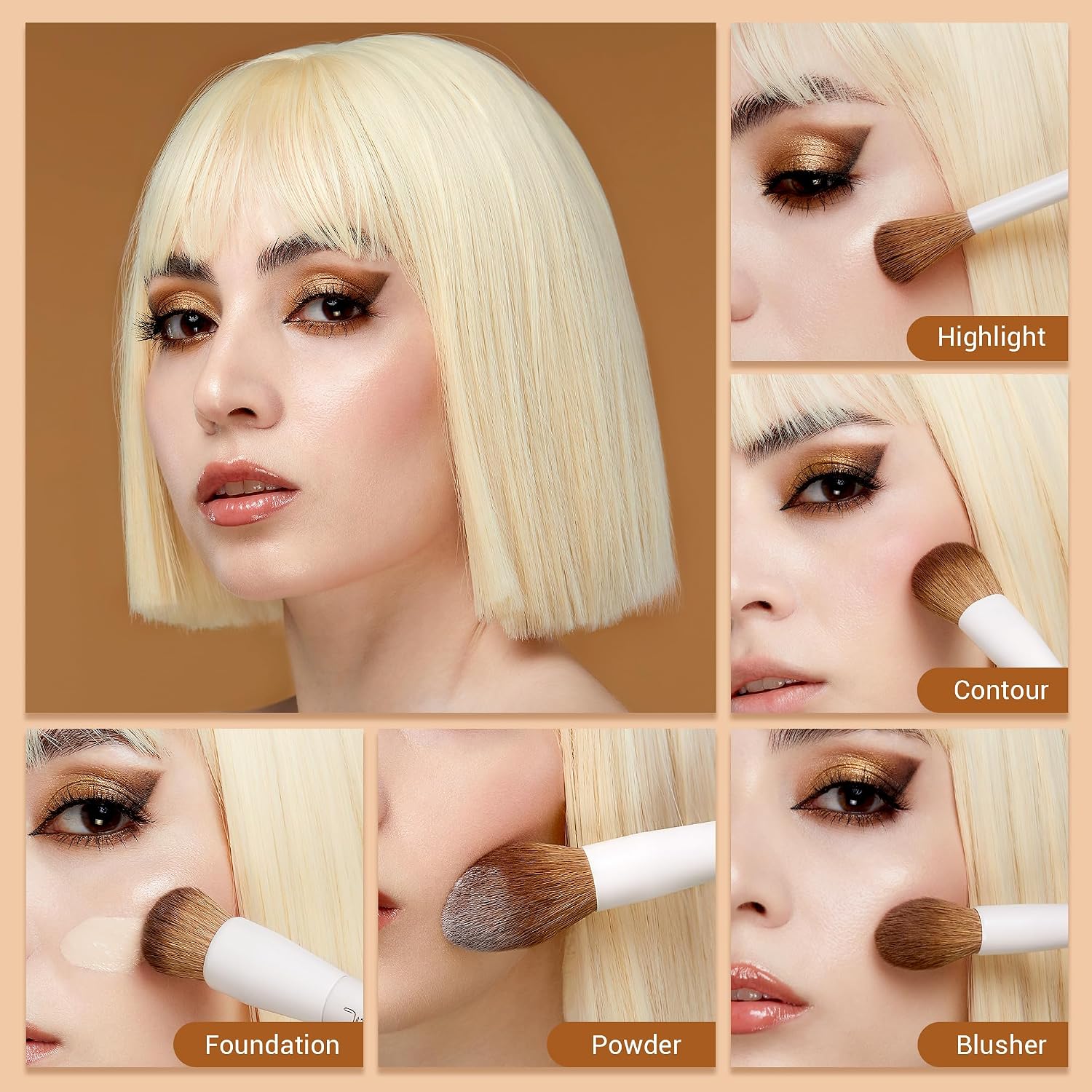Detalle de Jessup 5-teiliges Make-up-Pinselset für das Gesicht (Hellgrau T493) – Foundation, Rouge, Bronzer, Kontur & Highlighter