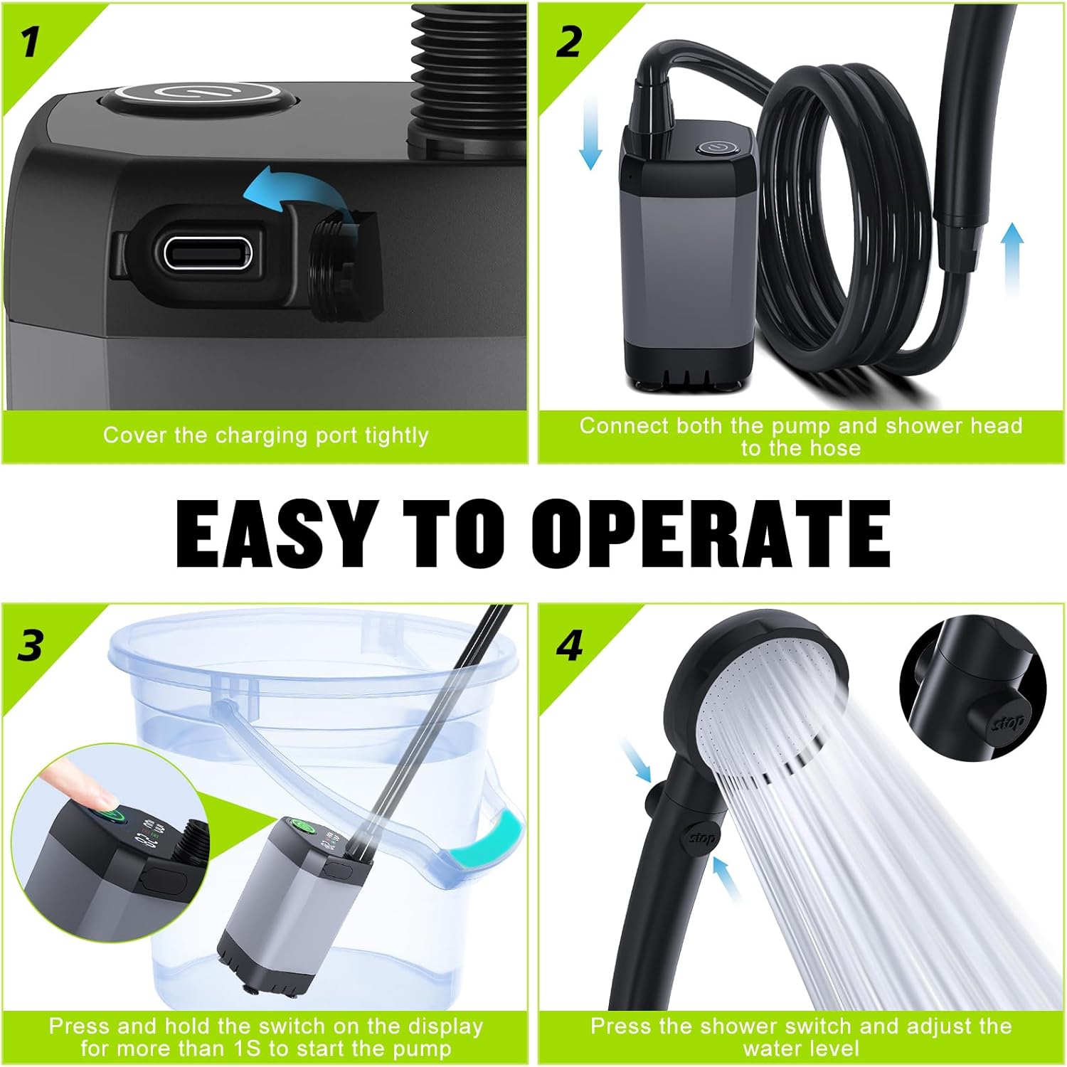 Detalle de Spopal Portable Shower for Camping (6000mAh) Rechargeable Pump with LED Display and 4 Spray Modes