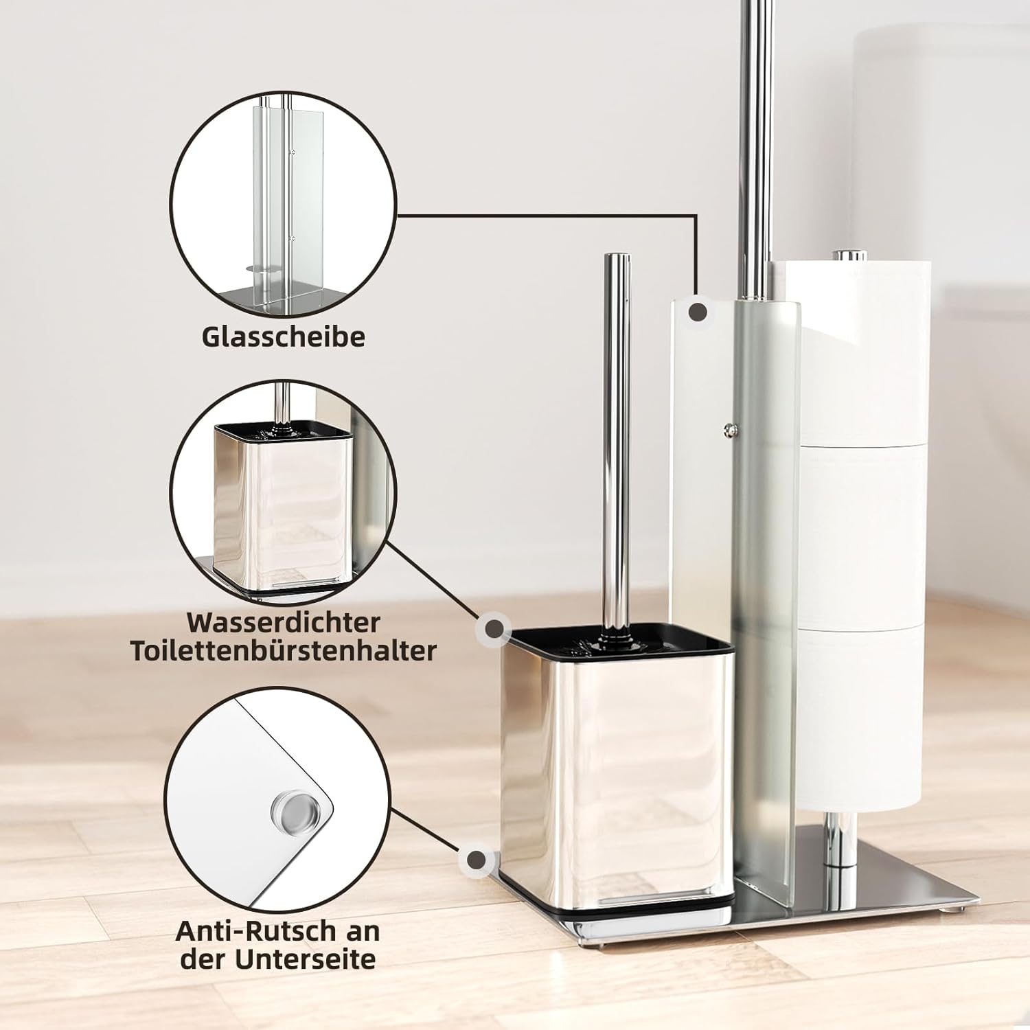 Detalle 2 de Porta carta igienica da terra con scopino e portarotolo in acciaio inox 🚽