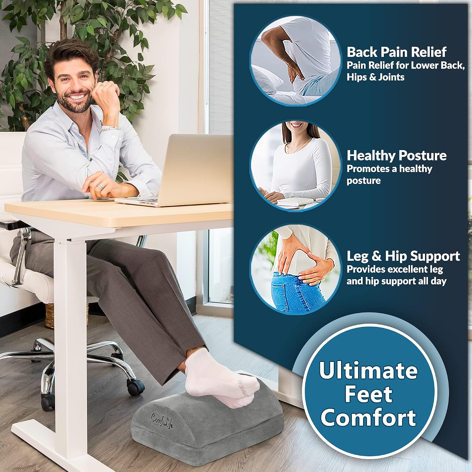 Detalle de ComfiLife Adjustable Height Memory Foam Foot Rest for Under Desk Work (Gray)