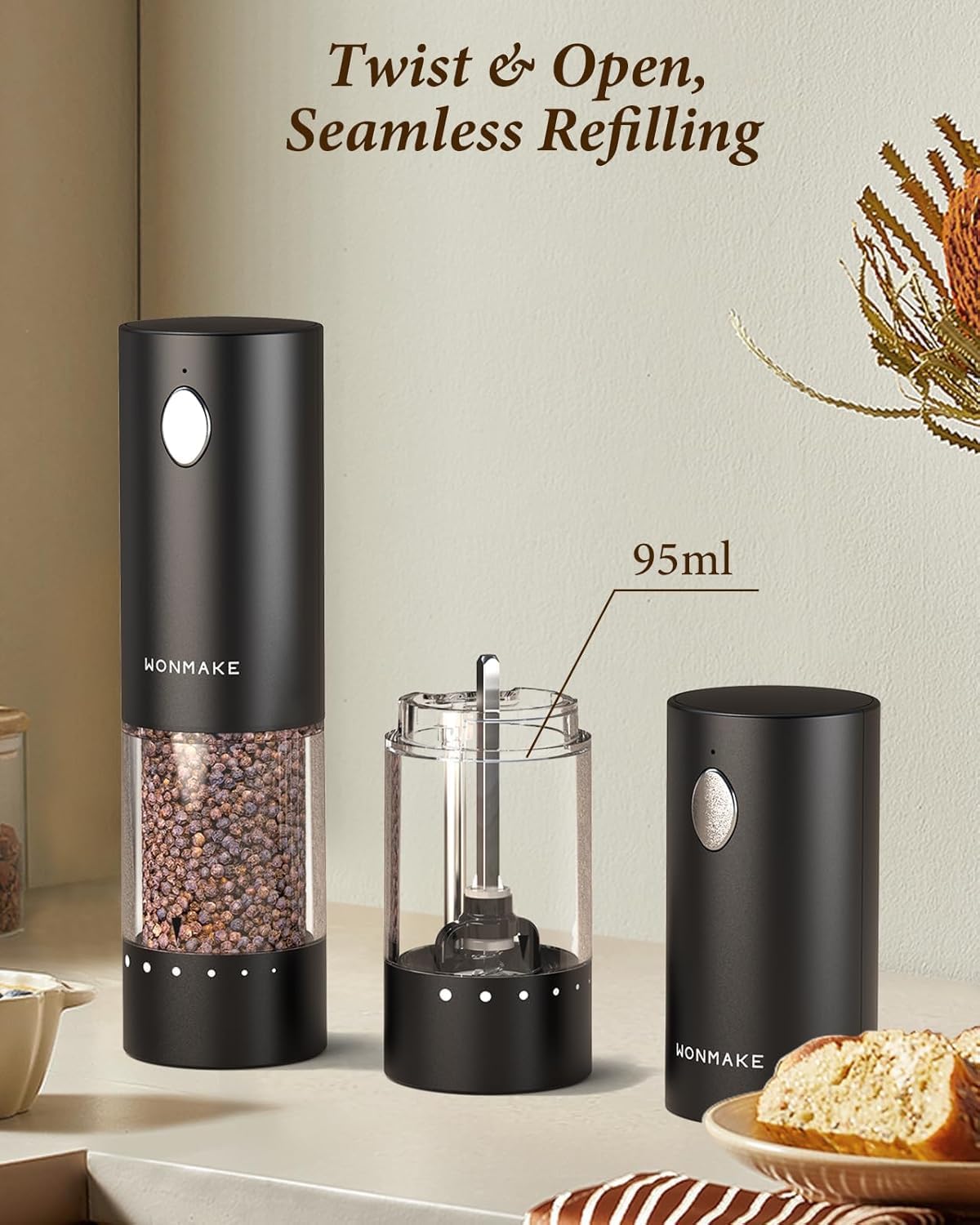 Thumbnail 2 de WONMAKE Electric Salt and Pepper Grinder Set with Dual USB Charging Base & LED Light (6 Grind Levels)