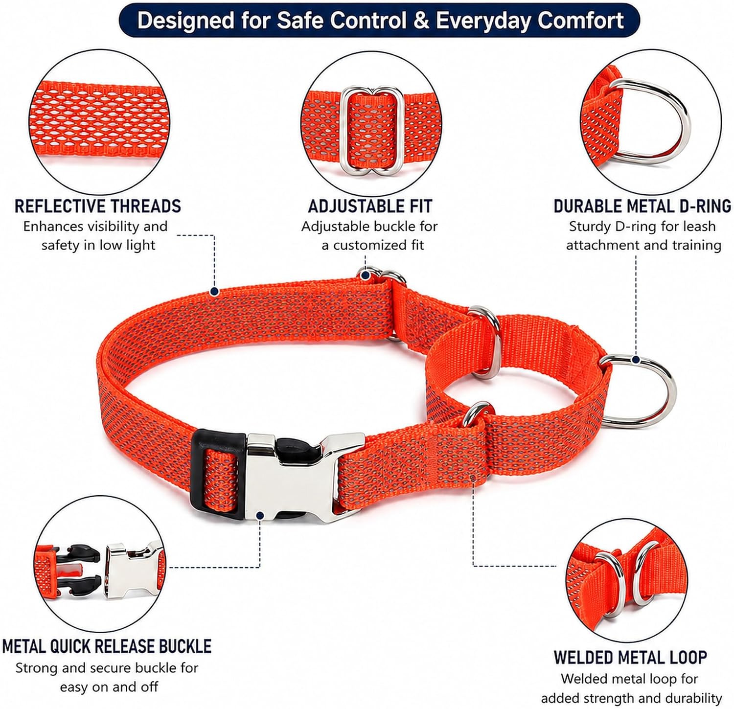 Detalle de TDTOK MDGE Martingale Dog Collar with Reflective Nylon and Metal Quick-Release Buckle